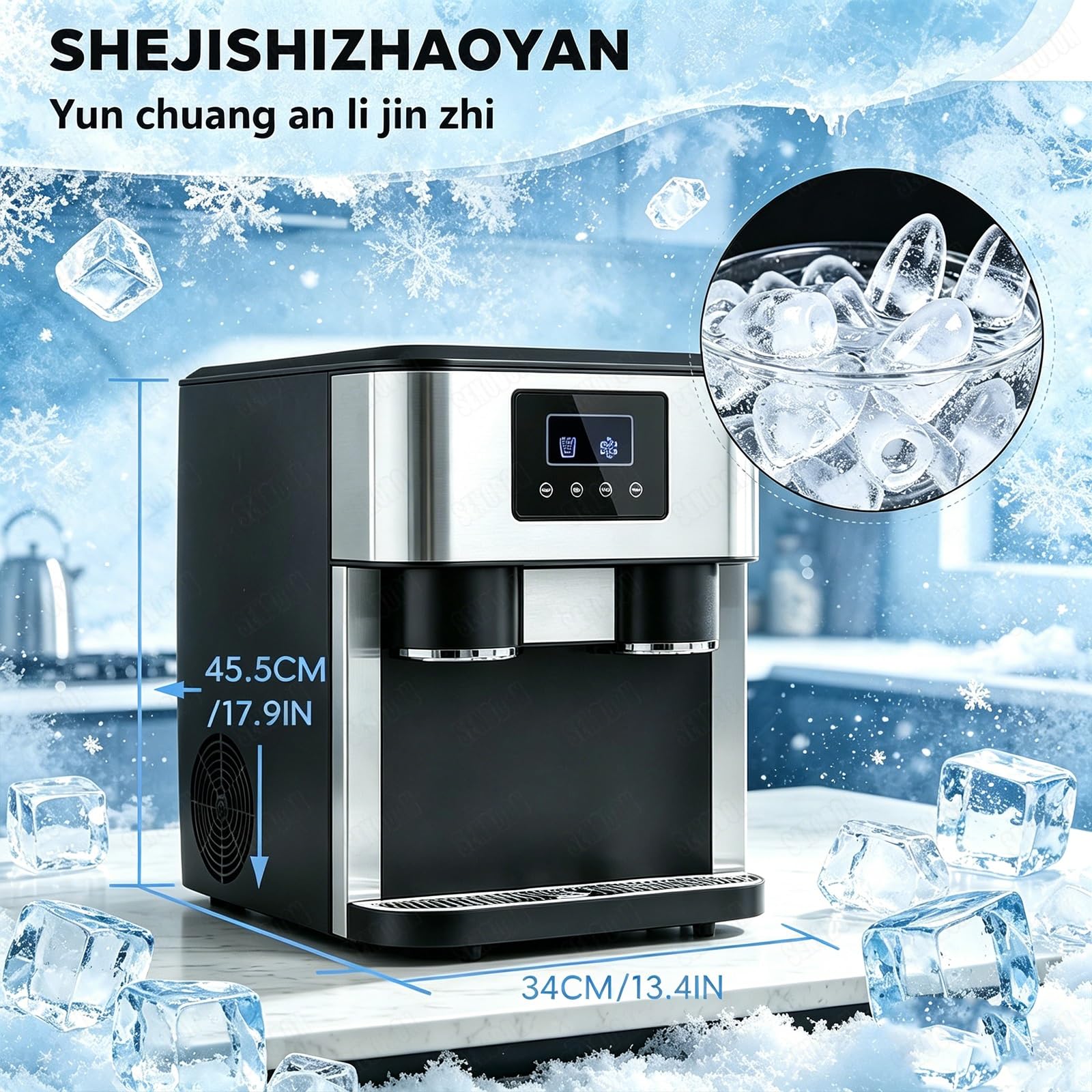 Máquina de Hielo de Encimera 3 en 1, Depósito 1,8L, 18kg/Día, Portátil para Hogar Cocina Oficina Caravanas Fiestas
