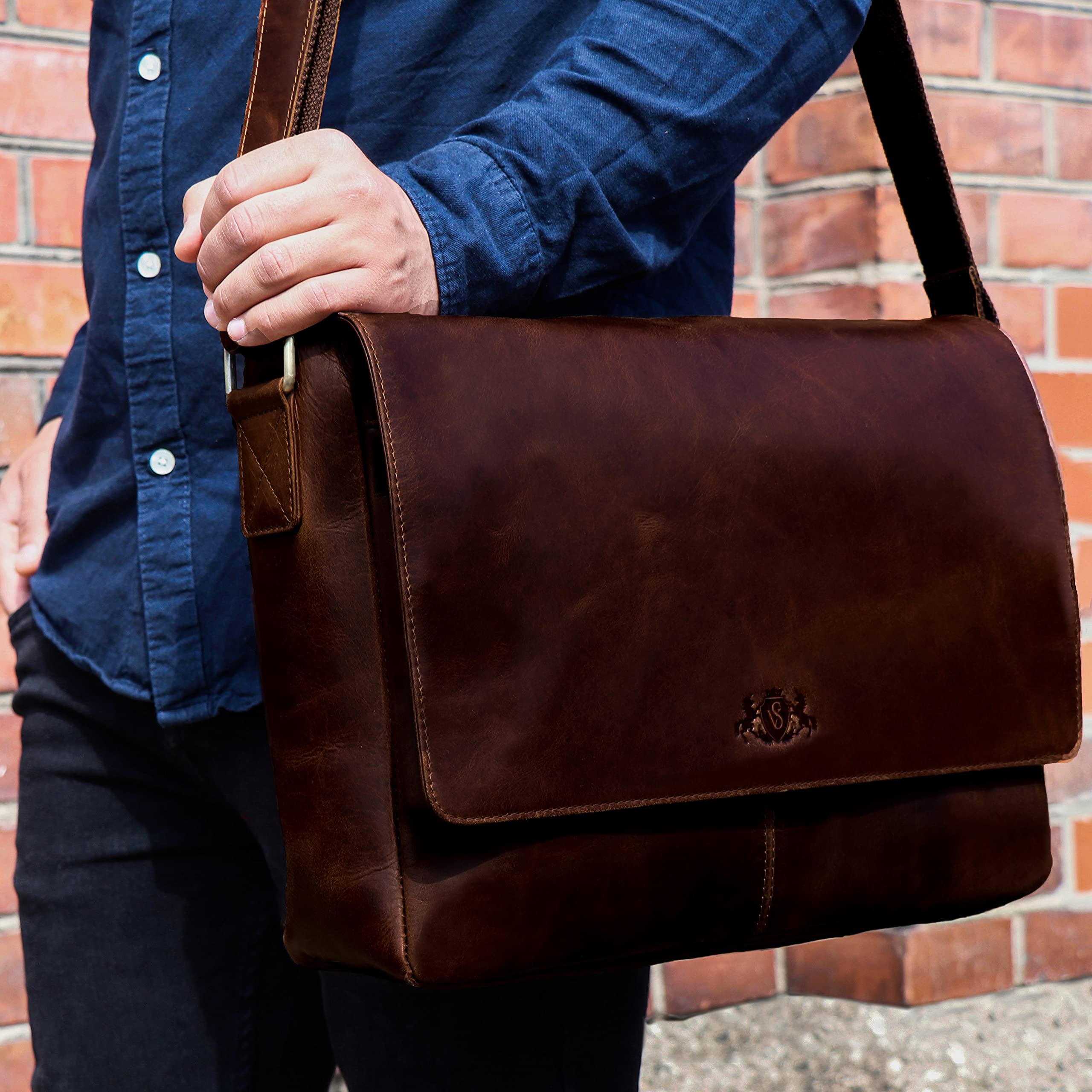 SID & VAIN große Laptoptasche Messenger Bag echt Leder - 15 Zoll Laptop Business-Tasche SPENCER groß - Umhängetasche mit extra Laptop-Hülle - Ledertasche Herren und Damen handgefertigt