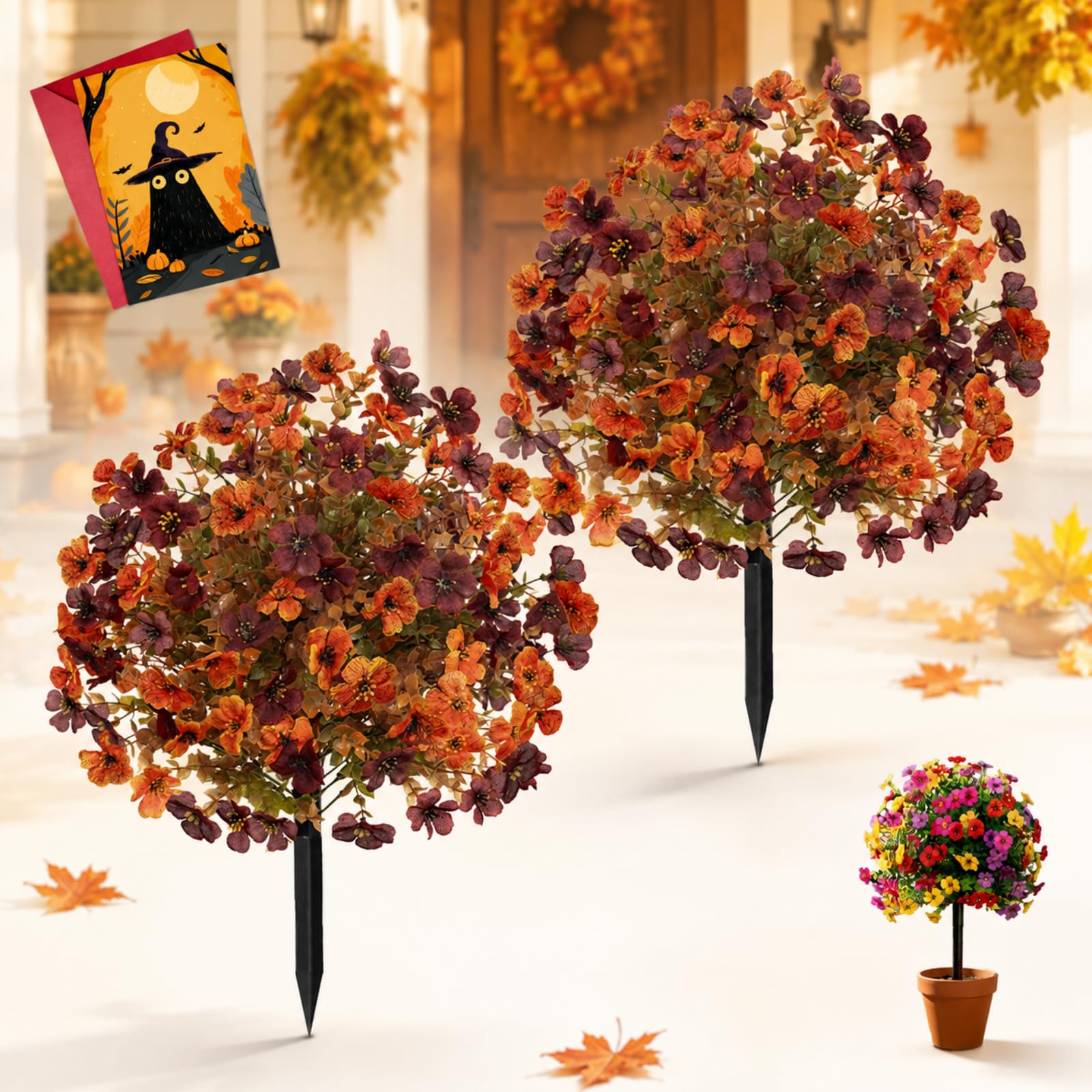 2 Pack Fall Pumpkin Topiary Trees with Stakes, 22" Outdoor Garden Stakes Decor with Orange Eucalyptus Leaves & Gourds, Fake Autumn Plant for Front Porch Pathway, Halloween & Thanksgiving Harvest (H)
