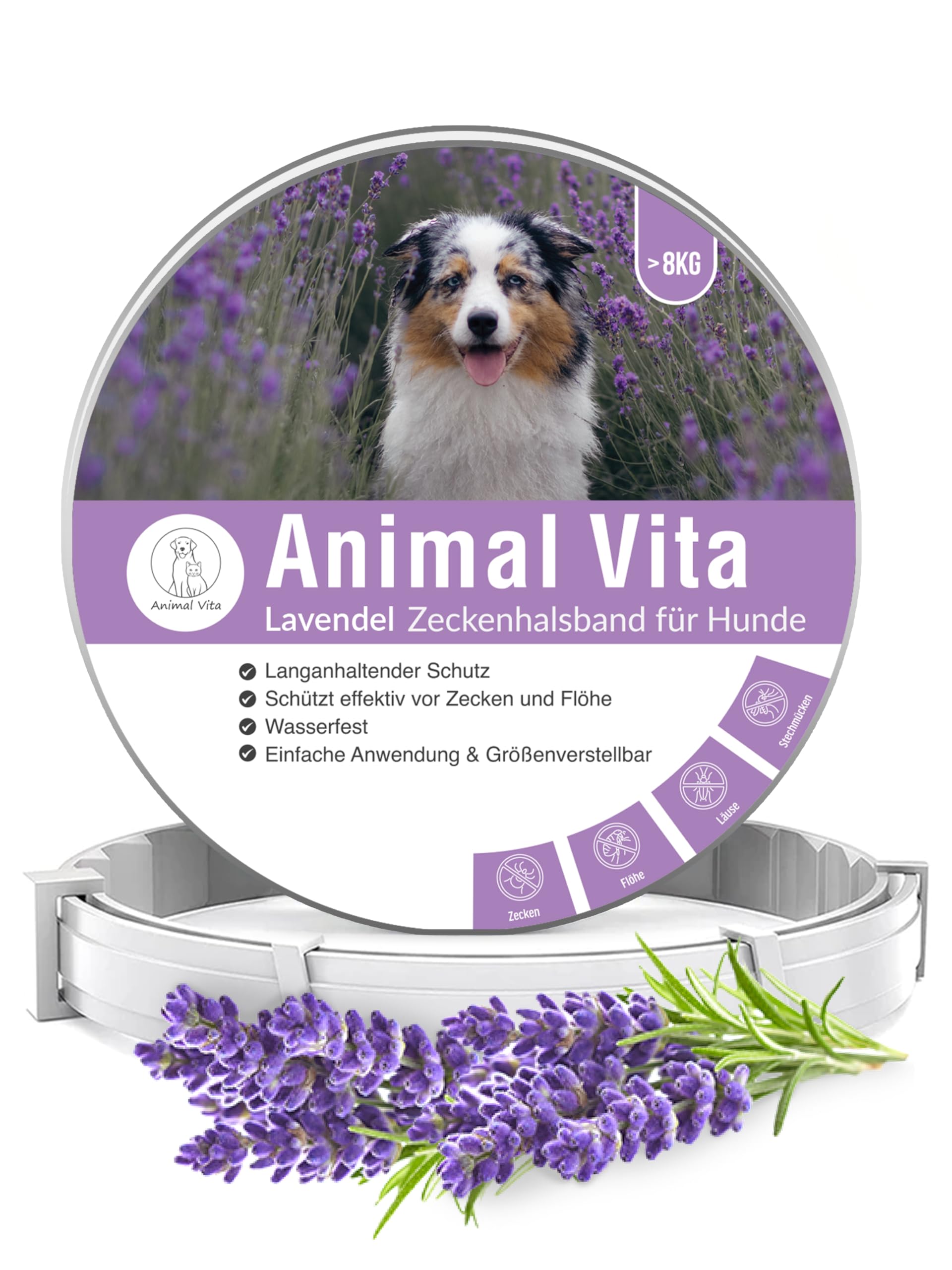 Animal Vita® Lavendel Zeckenhalsband für Hunde [Effektiver Schutz vor Ungeziefern] wasserdicht und verstellbar - bis zu 8 Monate Zeckenschutz mit 100% natürlichen Inhaltsstoffen, Lavendel