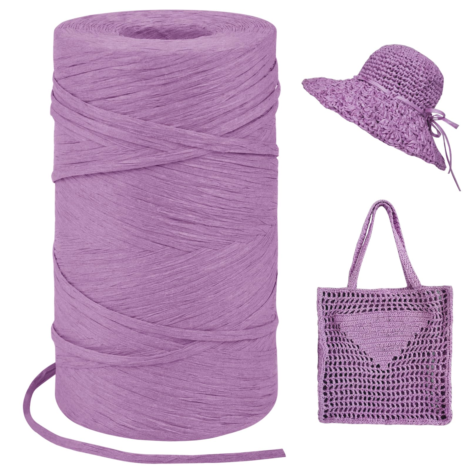 LEREATI Light Purple Raffia Yarn for Crochet Bags, 3mm x 300m Flat String Raffia Ribbon for Gift Wrapping, Raffia Paper Ribbon Yarn for Crocheting Sun Hat, Bag, DIY Crafts, Holiday Decoration