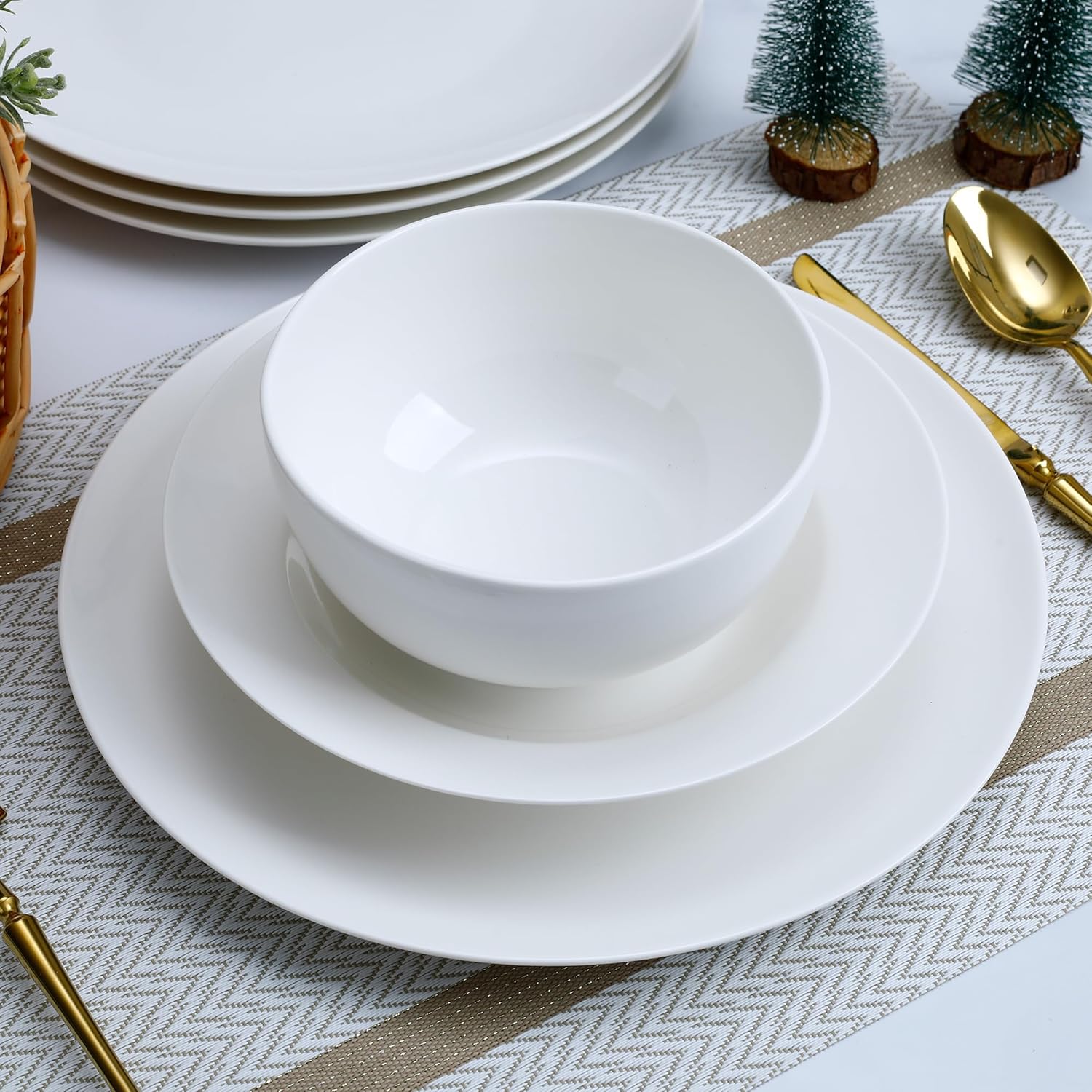 12-Piece Bone China Dish Set for 4, White Dinner Plates, Salad Plates & Bowls, Microwave and Dishwasher Safe, Affordable Elegance