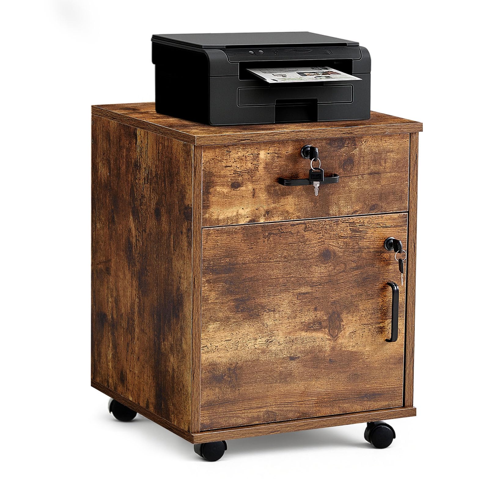 LEMROE Rustic Brown Mobile File Cabinet with Lock and Wheels, Under Desk 2 Drawers Office Filing Cabinet for Letter / A4 Paper/Document, Industrial Printer Wooden Stand Home Office