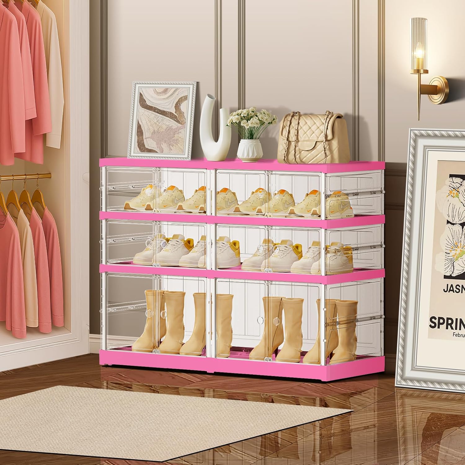 3-Tier Foldable Shoe Rack for Closet Entryway 6-12Pairs, Stackable Clear Shoe Storage Boxes Organizer with Door Plastic Small Shoe Cabinet Bins with Lids Shoes Shelf Easy Assembly（White-Pink）