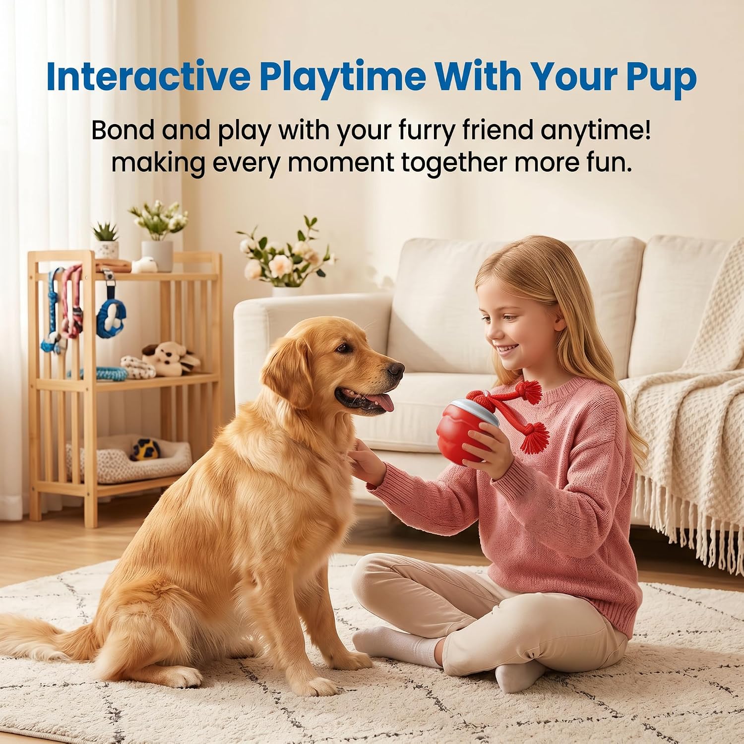 Interactive Dog Toys, Automatic Rolling Ball with Rope, Red | Motion-Activated Play, Random Moving Electric Dog Ball with Sounds, Mental Stimulation for Boredom Relief