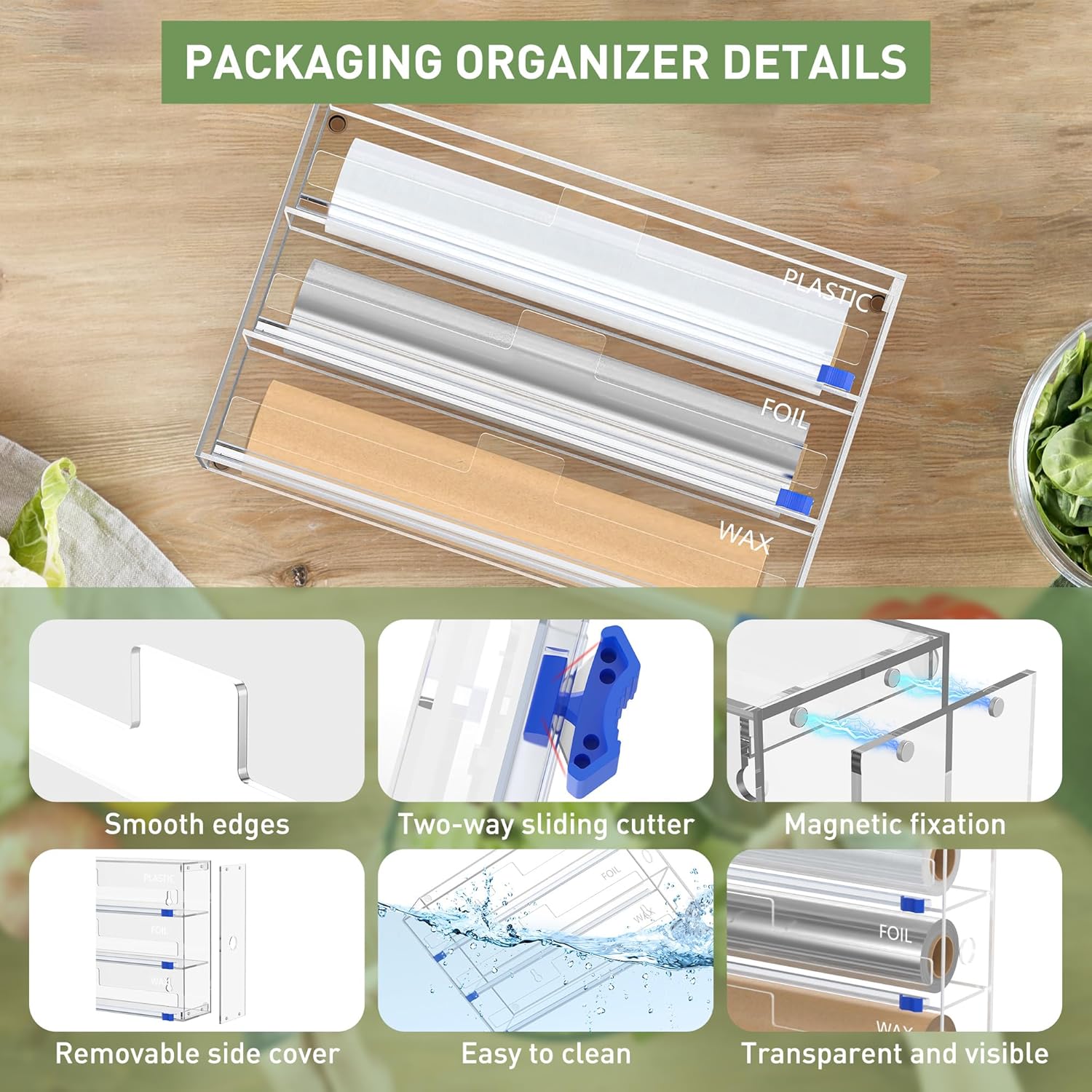 Kitchen Wrap Organizer, Foil and Plastic Wrap Organizer 3 in 1 with Sliding Cutter, Acrylic Wrap Dispenser for Drawer or Wall Mount, Fits 12 Inch Rolls - Image 4