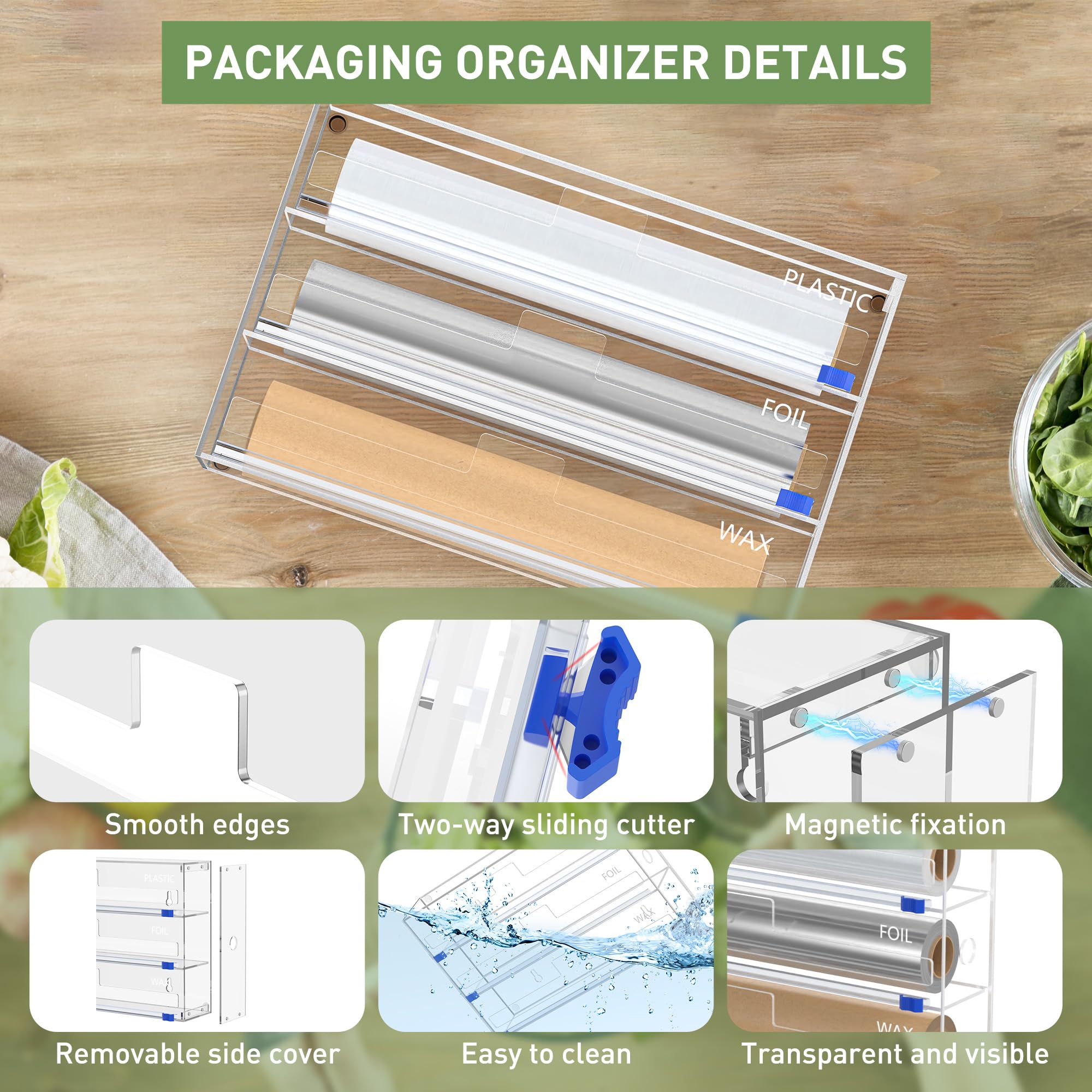 Dispensador de plástico con Cortador y Almohadilla Antideslizante, Organizador 3 en 1 Compatible con Rollo de Papel de Cera y Papel de Cera de 12 Pulgadas, cajones de Cocina, encimera o Montaje en