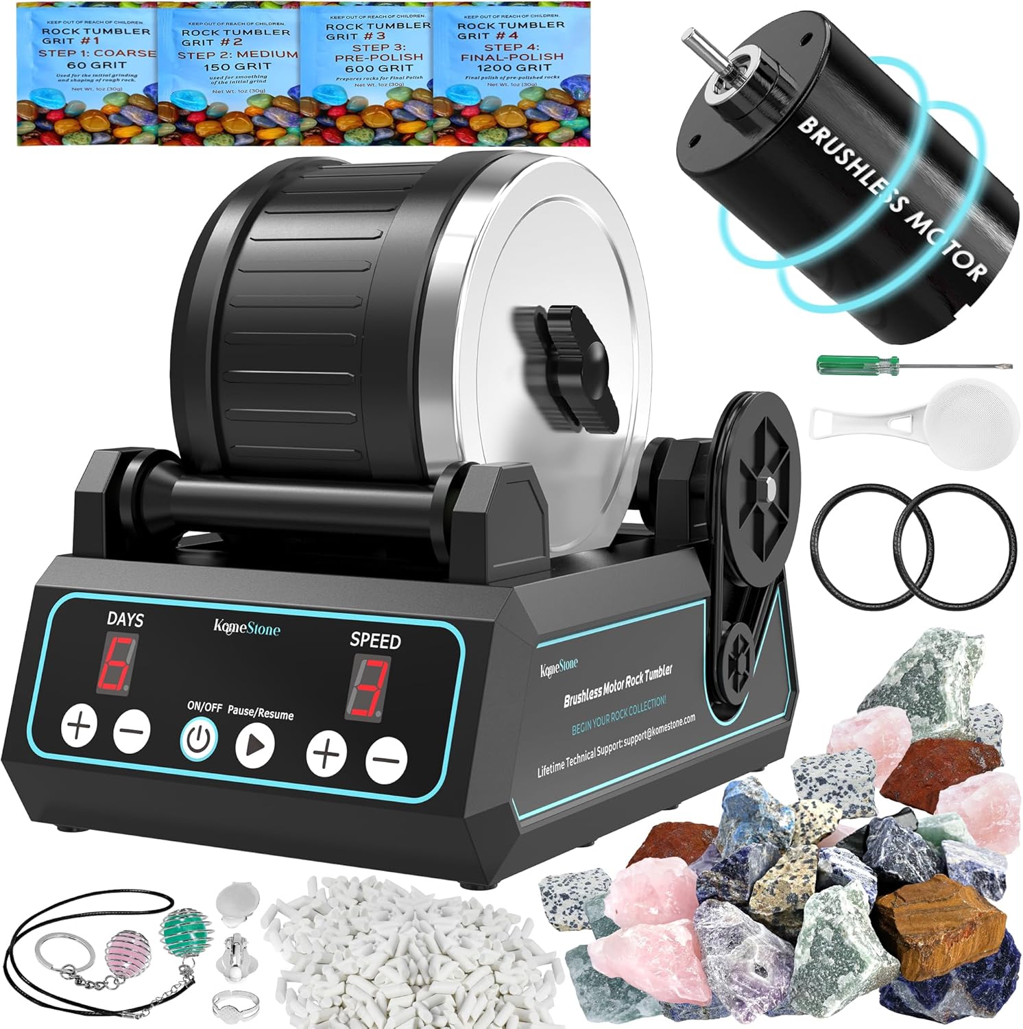 K1 Pro Professional Cutting-Edge Brushless Motor Advanced Rock Tumbler Polisher Kit, Extra Large 2.5Lb Barrel with 3-Speed Motor 9-Day Timer, Belts, Rough Gemstones, 4 Polishing Grits etc. Brushless Motor: K1 Pro