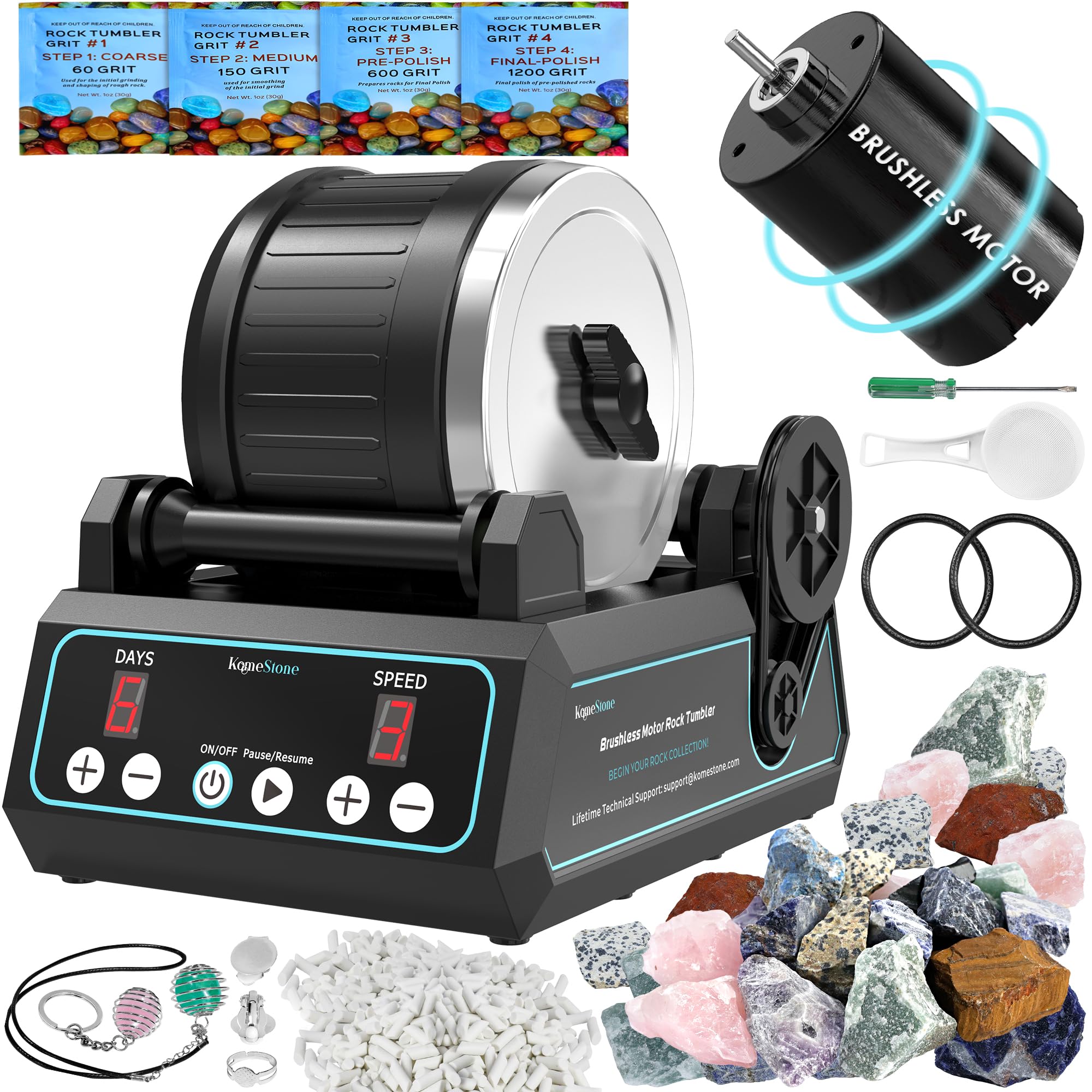 KomeStone K1 Pro Professional Cutting-Edge Brushless Motor Advanced Rock Tumbler Polisher Kit, Extra Large 2.5Lb Barrel with 3-Speed Motor 9-Day Timer, 6 Belts, Rough Gemstones, 4 Polishing Grits etc.