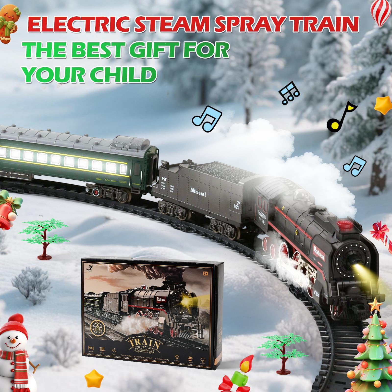 Train Electrique Enfant, Train de Noël Electrique avec Fumée Magique et Son Réaliste, Jouet Train électrique à Vapeur, pour Enfants 3-12 Ans