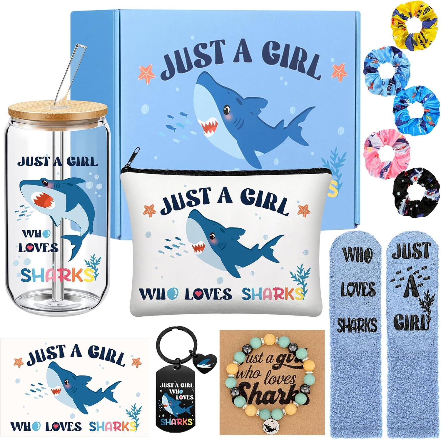 Potchen 12 Pcs Just A Girl Who Loves Shark Funny Girl Gifts for Women Include Bottle Cup Makeup Bag Keychain Bracelet Hairband Socks Card for Birthday Baby Shower Party Favor