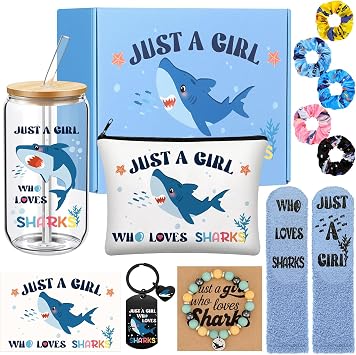 Potchen 12 Pcs Just A Girl Who Loves Shark Funny Girl Gifts for Women Include Bottle Cup Makeup Bag Keychain Bracelet Hairband Socks Card for Birthday Baby Shower Party Favor