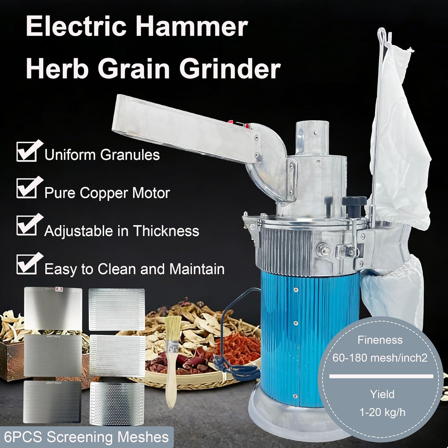 Herb Grain Grinder, Vertical Continuous Feeding Hammer Mill Grinder & Pulverizer with 6 Screen Meshes, 60-180 Mesh Fineness, 1-20kg/h, 110V 1.5KW Pulverizer for Grain Spice Herbs Seasoning