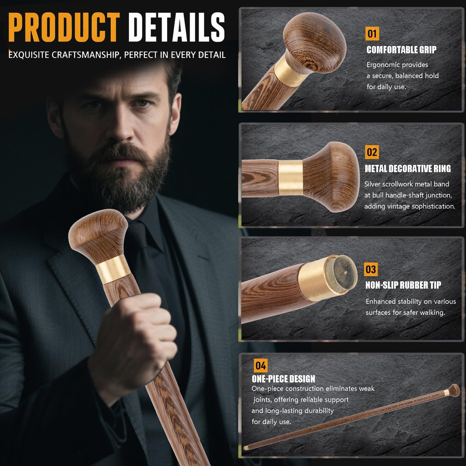 Bastón de Madera Tallado a Mano para Hombres y Mujeres, Bastón Ergonómico de Madera Maciza de Una Sola Pieza para Personas Mayores con Puntas de Goma Reforzadas, 87 cm