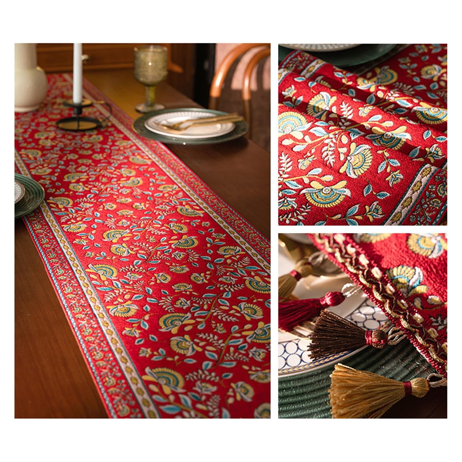 Camino de Mesa Decorativo para Mesa Comedor Poliéster, Caminos de Mesa Moderno 35x270 cm, Jacquard de Hojas Y Flores con Borlas