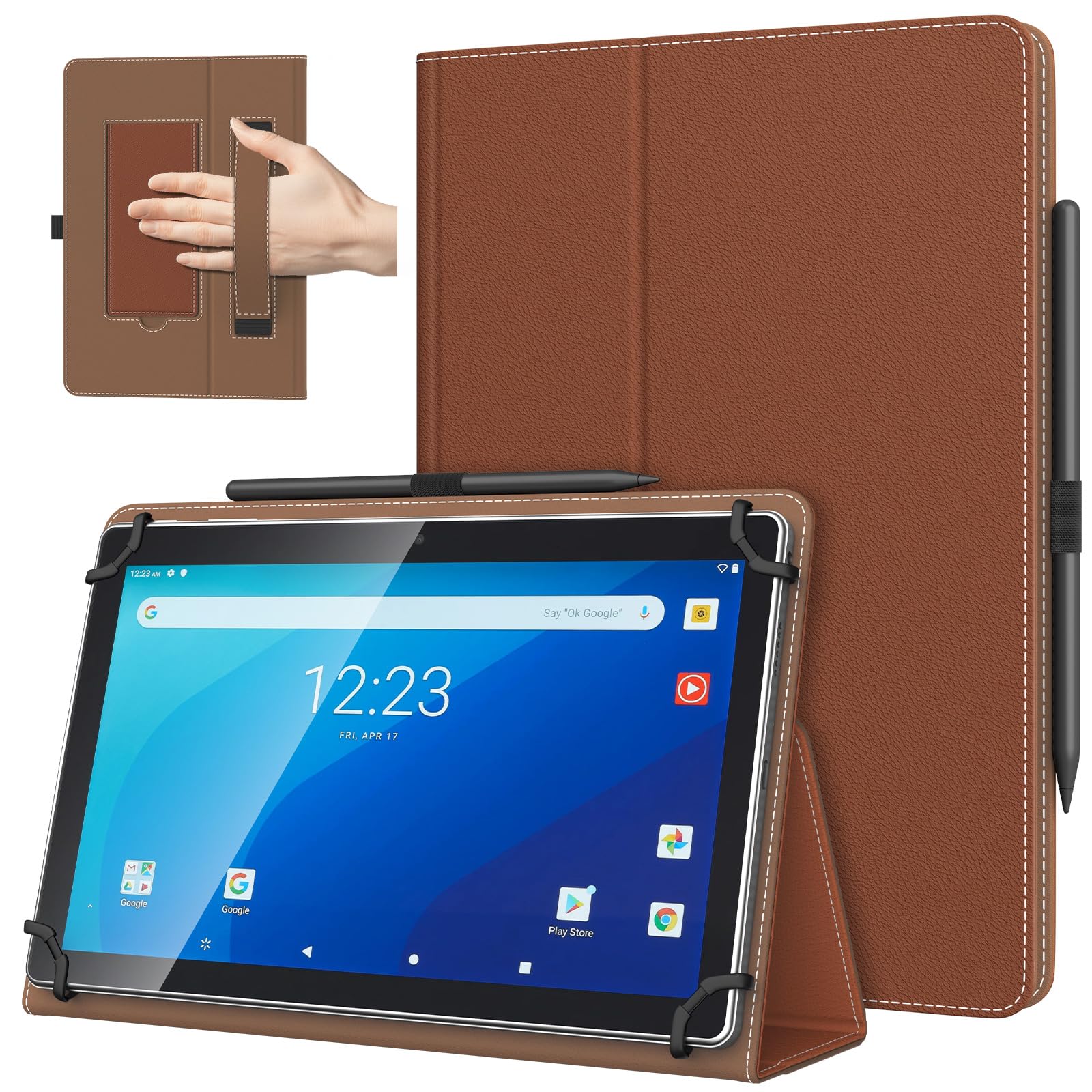 TiMOVO Universal Hülle für 10,1 Zoll Android Tablet mit Stiftschlaufe, Leichtes & Faltbares Standhülle mit Handschlaufe für Alle 9,6-11 Zoll Touchscreen-Tabletten, Kastanie