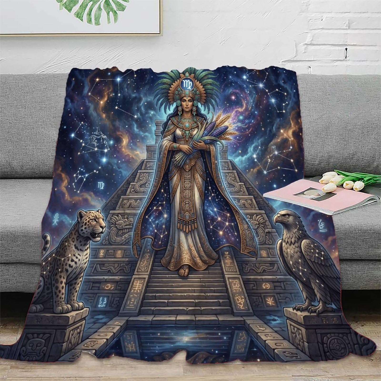 W7C8U2X3 Virgo Zodiac Aztec Art for Flannel Throw Blanket, Couch Bed Travel