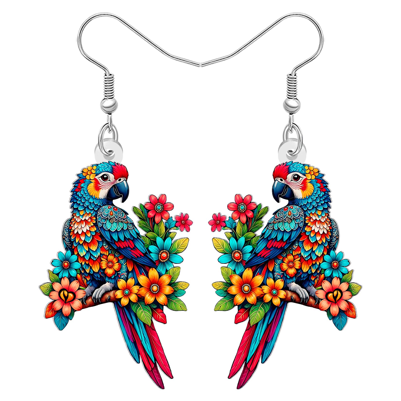 DUOWEI Acryl Niedlich Hawaii Tropische Papagei Ohrringe Hängend Funny Vogel mit bunten Blume Ohrringe Frühling Schmuck Zubehör für Damen Mädchen Mom Vogel liebhaber Geschenke