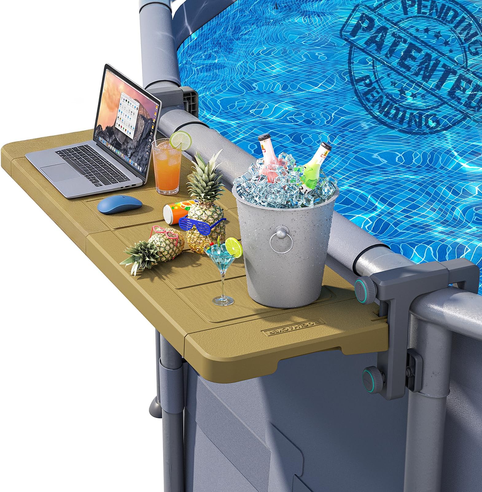 POOLHACKER Poolside Bar, [Original] Swim Up Bar Exclusively for Above-Ground Round Pools. Patio Poolside Table Smart Fold Easy Maintenance, Weather Resistant Stable Tabletop (Amber Brown)