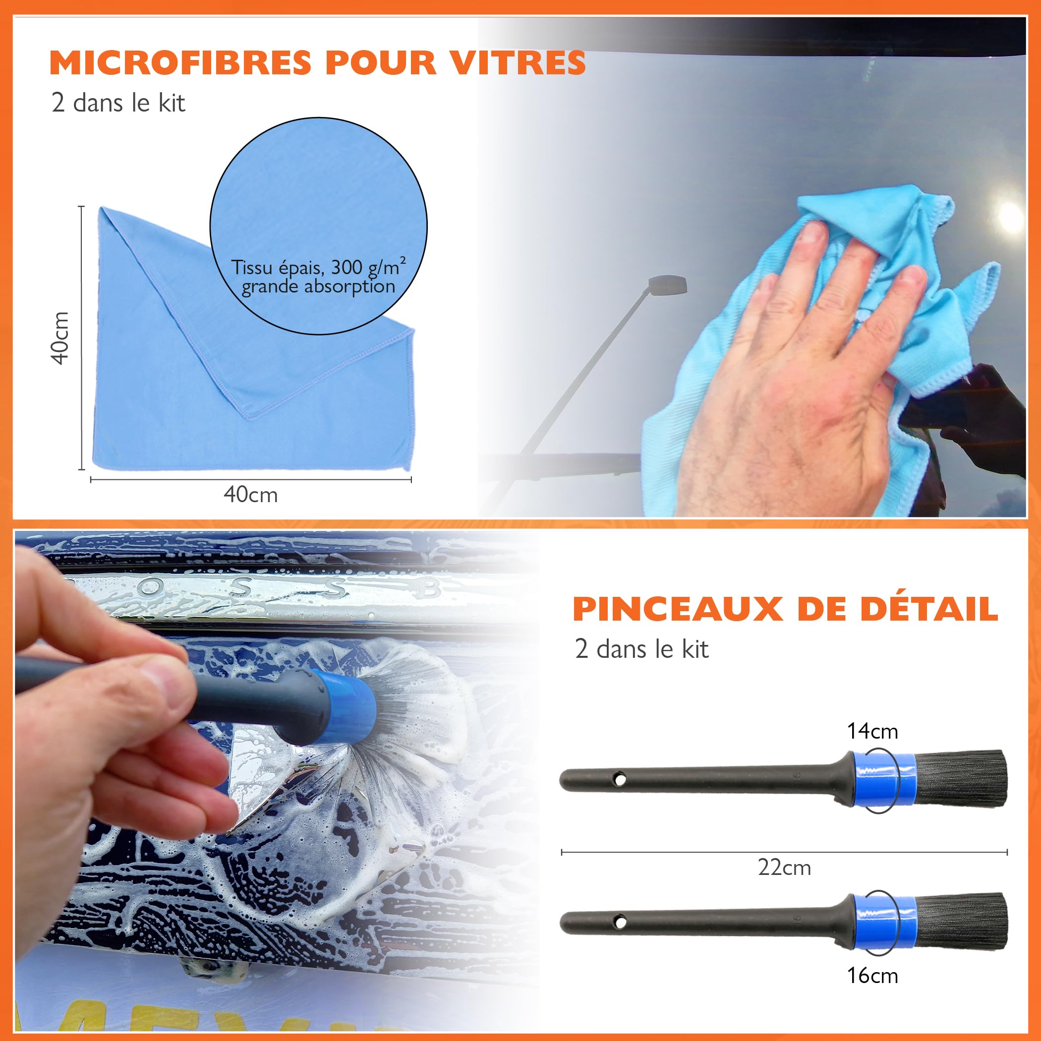 Kit Nettoyage Voiture,12PCS, Bouteille Spray Mousse prélavage, Gant Lavage Microfibre, Brosses Jantes et pneus, Pinceaux De Détail, Sac De Rangement