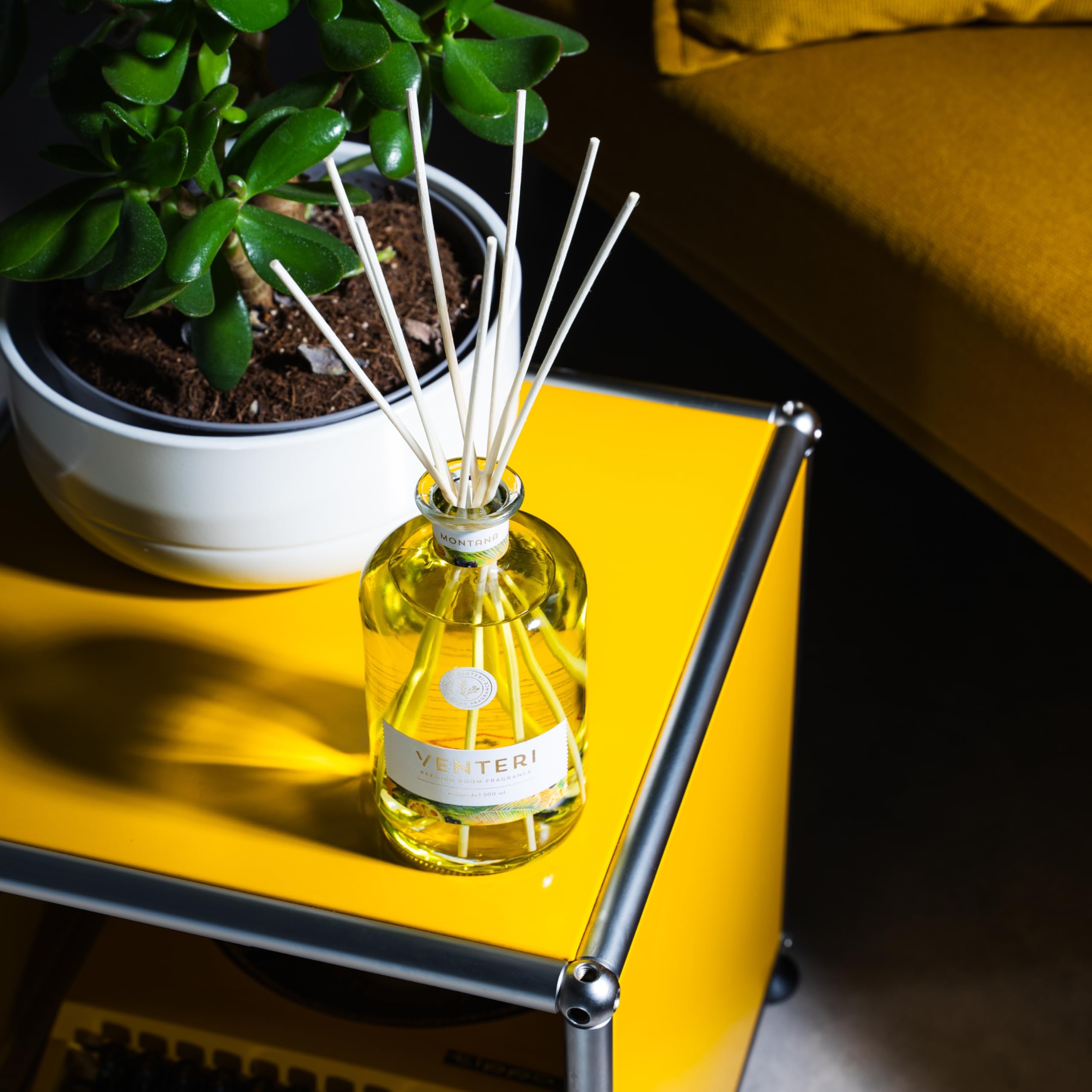 Venteri Montana Diffuseur de parfum d'ambiance 500 ml, avec 8 bâtonnets parfumés et élégant désodorisant, parfum d'ambiance et parfum de bain, agrumes naturels et notes de bois pour le désodorisant à