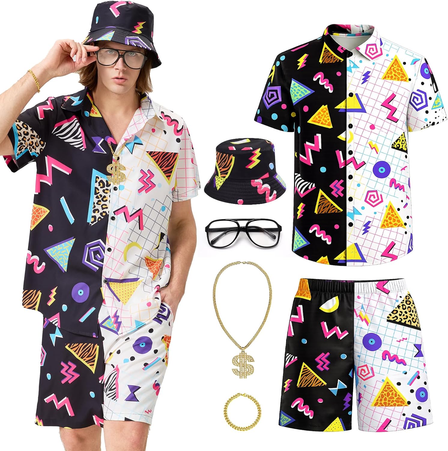 Owurha 80s 90s Outfit Men Retro Shirts and Shorts Set, Men 80s Tracksuit 90s Neon Theme Outfit for Men Disco Party Beach