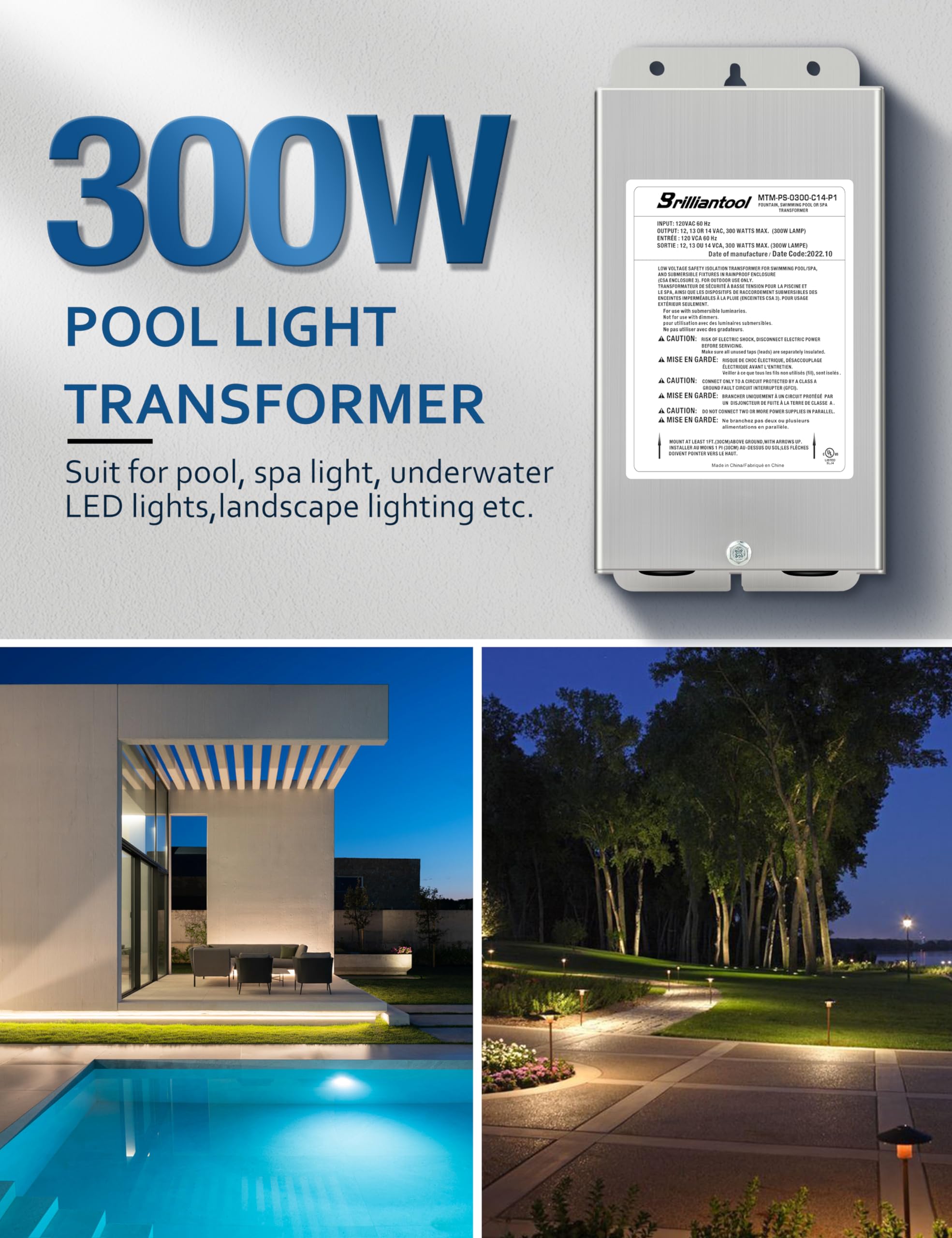 Transformador de luz para piscina con carcasa de acero inoxidable, 300 W, convierte 120 V CA a 12 V/13 V/14 V CA, transformador multienchufe resistente a la intemperie