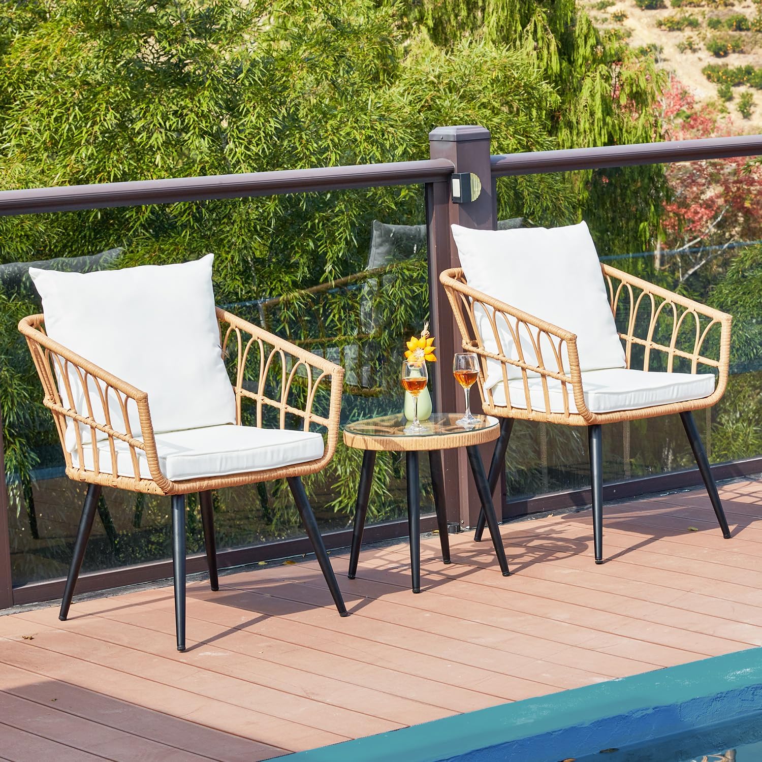 ECOTOUGE 6-Piece Wicker Patio Bistro Set, Outdoor Rattan Dining Set with Glass Top Table, Chairs, and Cushions, All-Weather Conversation Furniture Sets for Porch Backyard Lawn Poolside, Beige