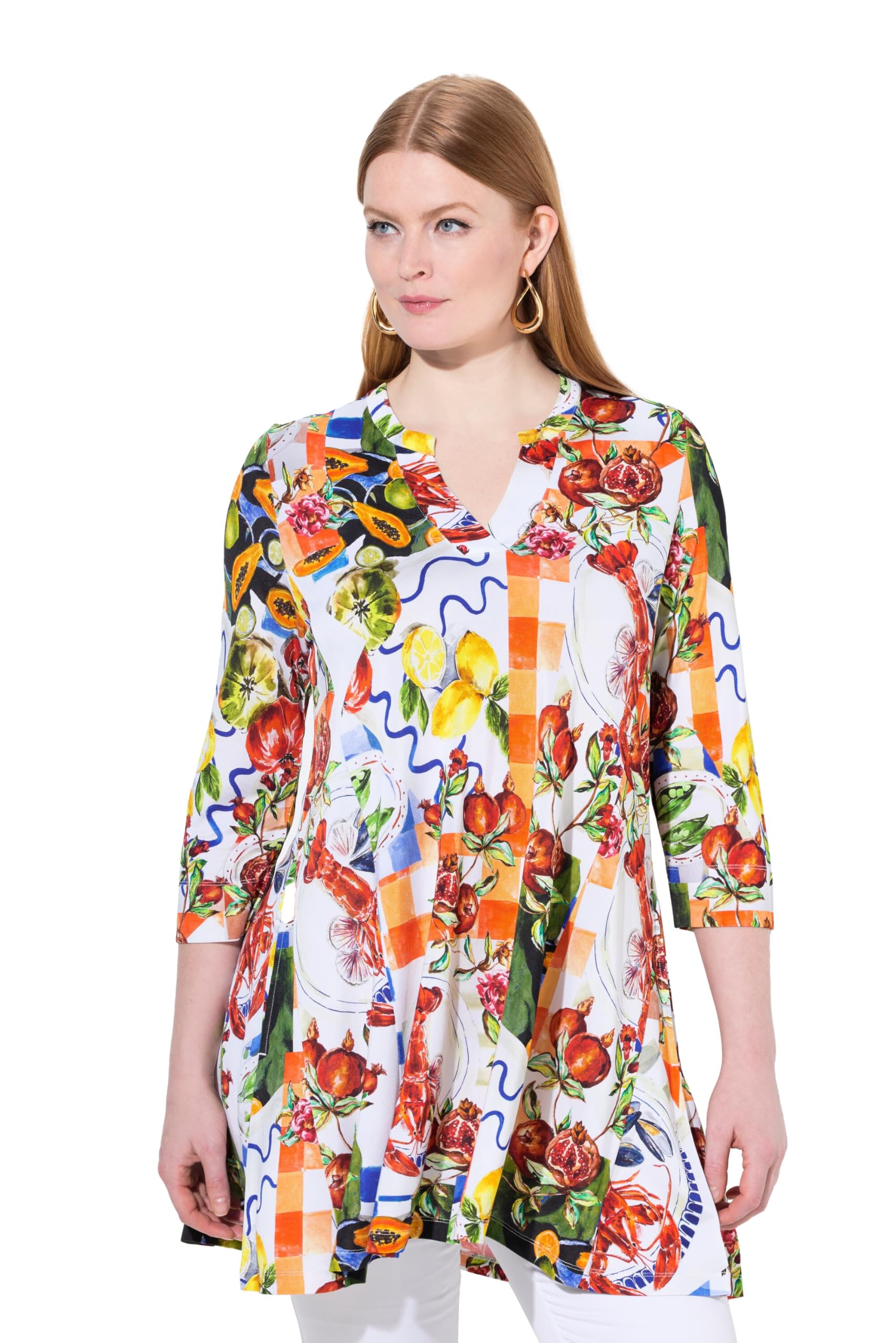 Ulla Popken Damen große Größen Übergrößen Plus Size Slinky-Bluse, Food-Design, A-Linie, Stehkragen, 3/4-Arm 840172