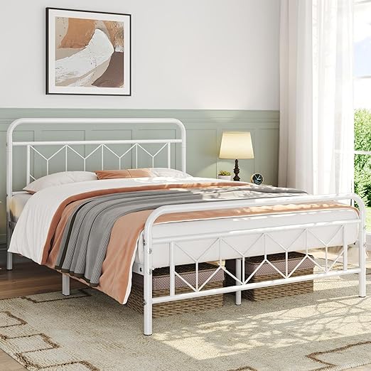 Topeakmart Queen Bed Frames Metal Platform Bed with Vintage Style Headboard/Mattress