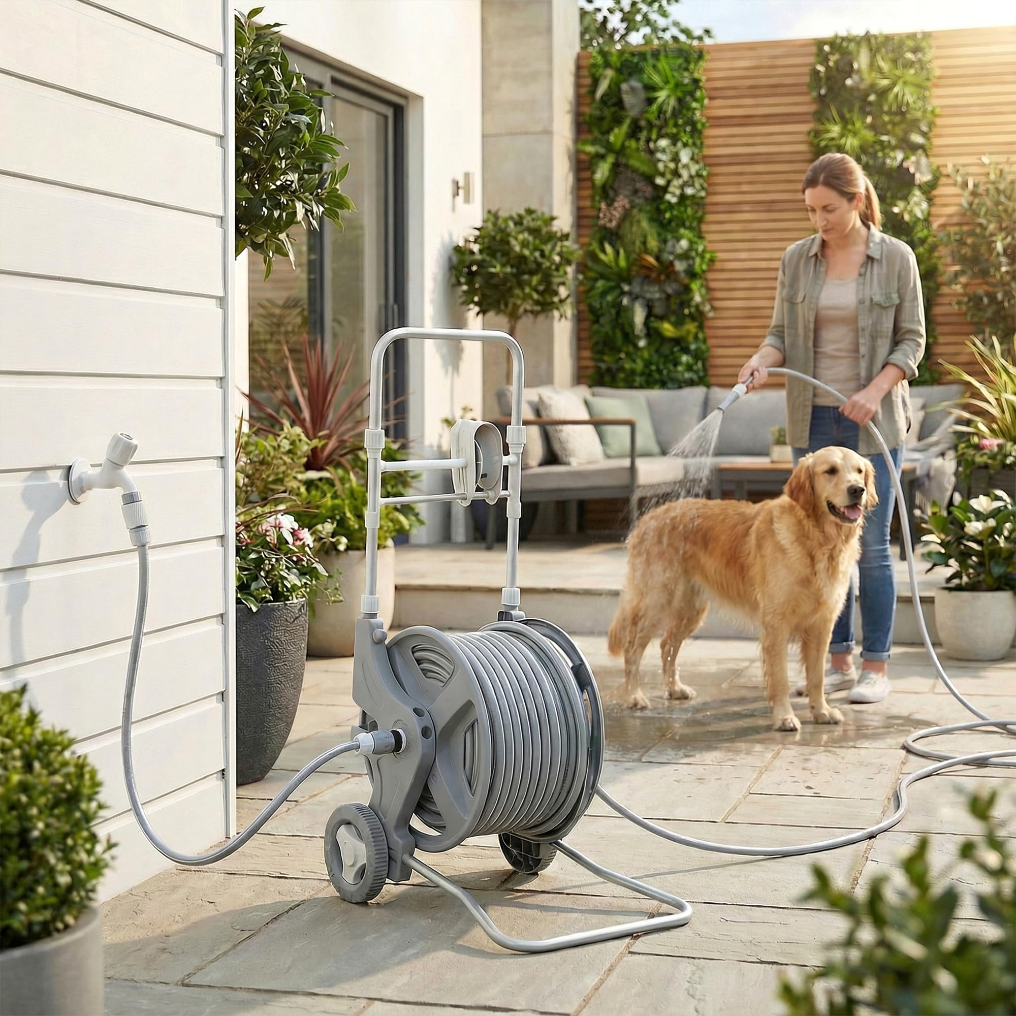 Outsunny Schlauchwagen 45 m mit 2 Sprühfunktionen 45 x 44 x 78 cm Grau | Kurbel, Schlauchführung, Wasserhahnadapter, Gartenschlauchwagen, Schlauchtrommel Schlauchabroller, für Garten Balkon