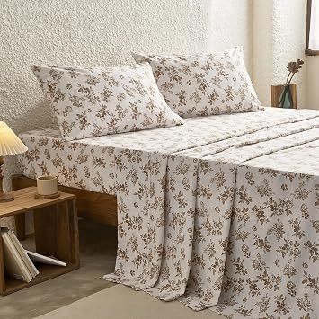 Wake In Cloud - Floral Bed Sheets, 4-Piece Sheet Set, Shabby Chic Botanical Coquette Cottagecore Vintage Flower Pattern Printed Bedding, Deep Pocket, Brown Taupe, King Size