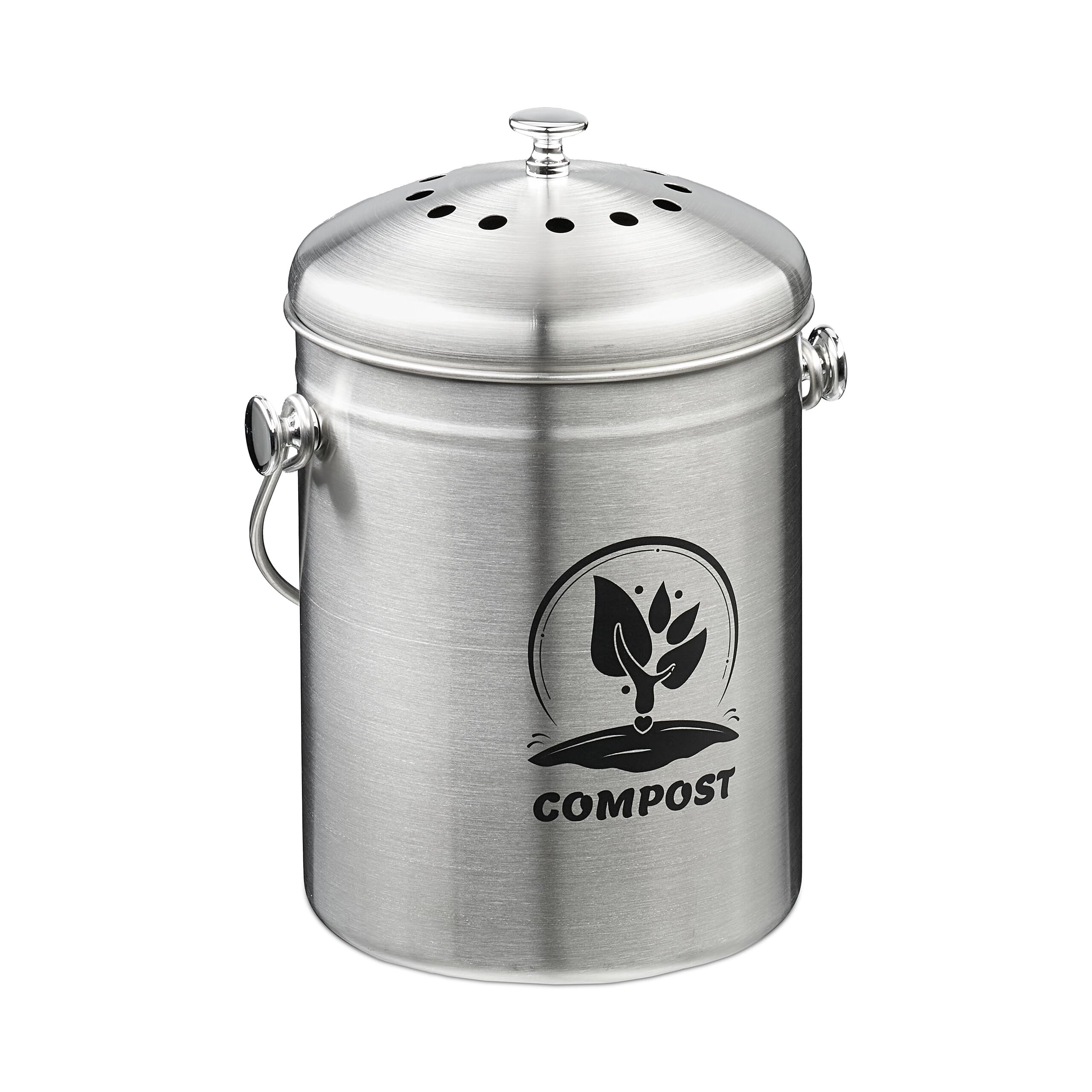 Relaxdays Kitchen Compost Bin, 5 Litres, Stainless Steel, Odour Filter, with Lid & Handle, Food Waste Caddy, Silver