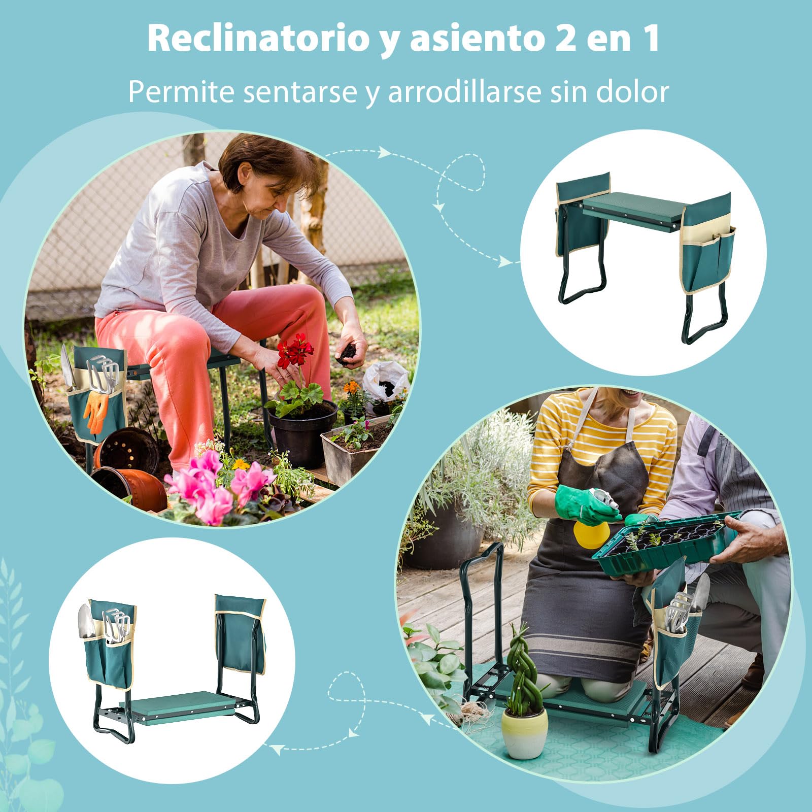SOARS Banco de Jardín Plegable con Bolsillos para Herramientas y Rodilleras, Taburete de Jardín hasta 150 kg, Rodilleras para Jardinería, 58 x 27,5 x 50 cm (con 2 Bolsa de Herramientas)