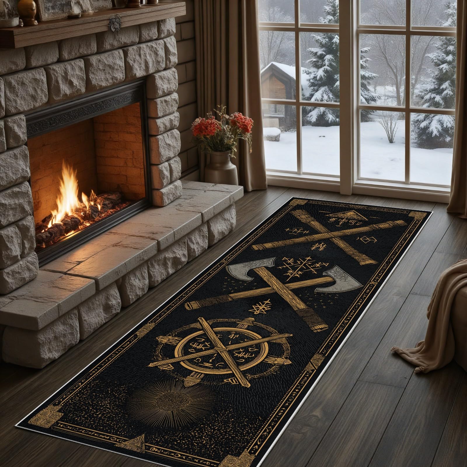 Wikinger Axt Teppich Läufer, Wikinger Totem Rune rutschfest Küchenteppich 60x210 cm, Mid Century Kurzflor Küchenläufer Waschbar, Faltbar, Teppichläufer Carpet für Küche, Wohnzimmer