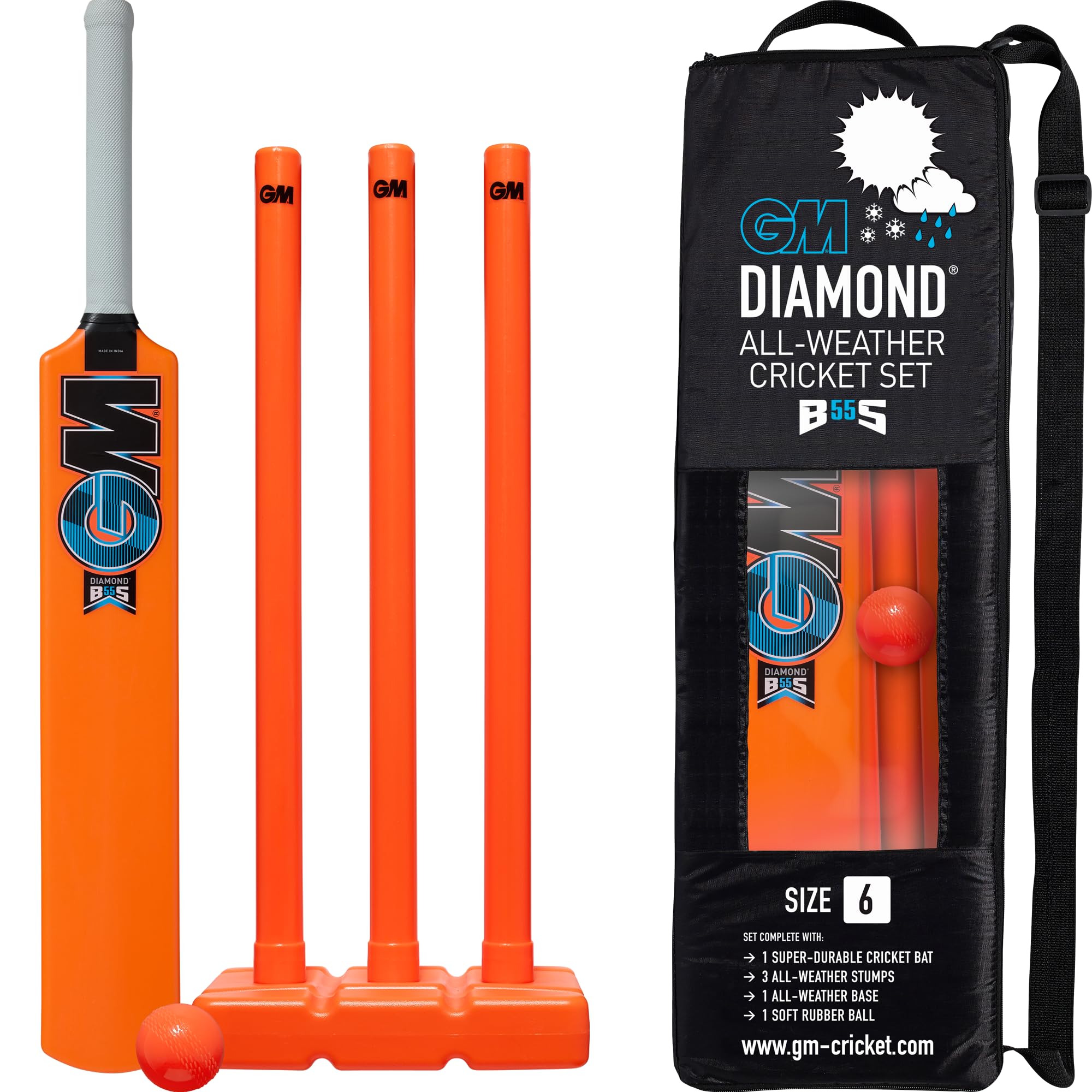Gunn & Moore GM – Ensemble de Cricket pour Enfants | Batte en Caoutchouc, Balle Souple et souches de guichet | Plastique moulé Toutes Saisons | pour Enfants de 4 à 8 Ans ou 8 à 11 Ans