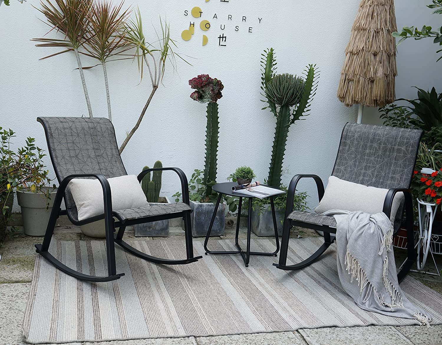 Grand Conjunto de Mecedora de Jardín de 3 Piezas, Tumbona Mecedora de Tejido Textil Transpirable e Impermeable, Tumbona para Jardín, Patio y Balcón(Negro & Tela Escocesa Gris, 3PC)