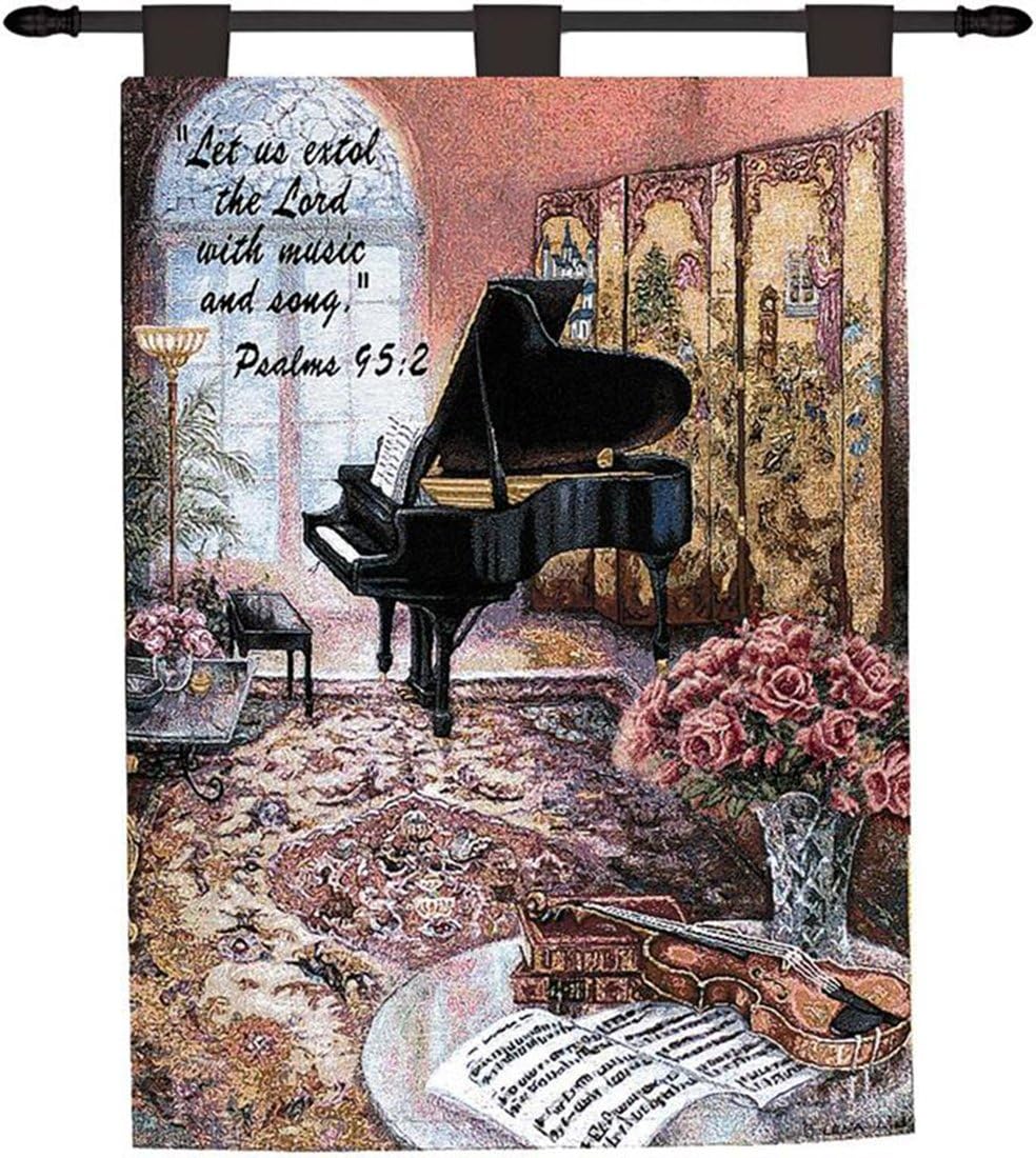 Cotton Jacquard Woven Tapestry Wall Hanging with Display Rod โ Grand Piano in Sunroom โ Let Us Extol the Lord with Music and Song โ 36x26โ (92x66cm)