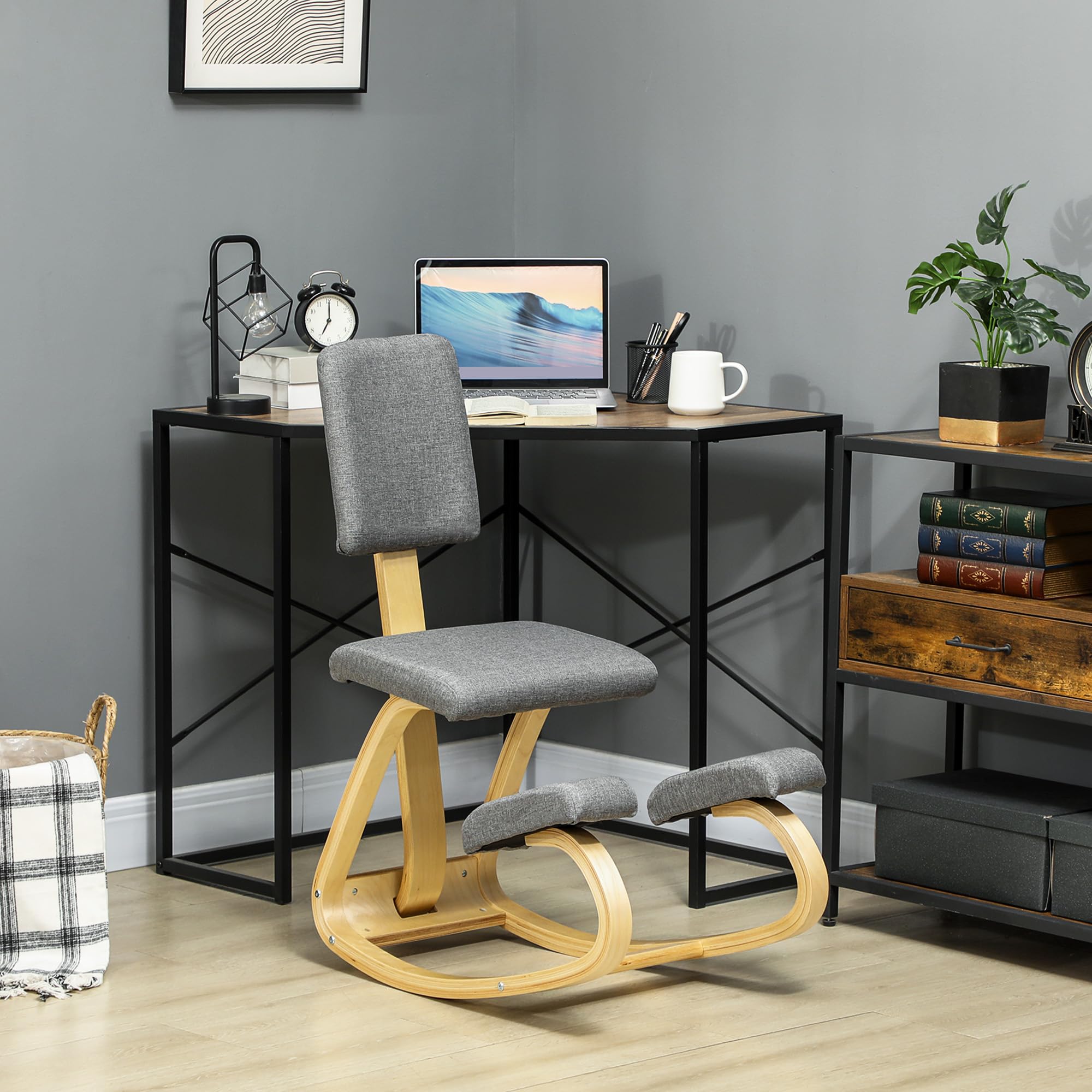 HOMCOM Sedia Ergonomica a Inginocchiatoio con Movimento a Dondolo, Sedia Ergonomica Imbottita Posturale in Tessuto Effetto Lino e Legno di Betulla, 51x84x93 cm, Grigio