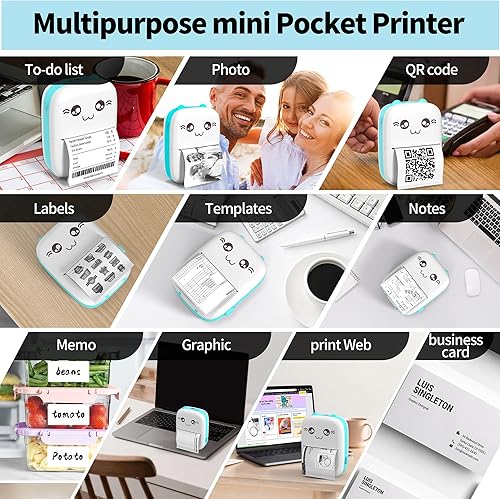 Miniatura 2 de Impresora de calcomanías sin tinta, mini impresora de bolsillo con 13 rollos de papel térmico, mini impresora térmica de bolsillo, aplicación iOS