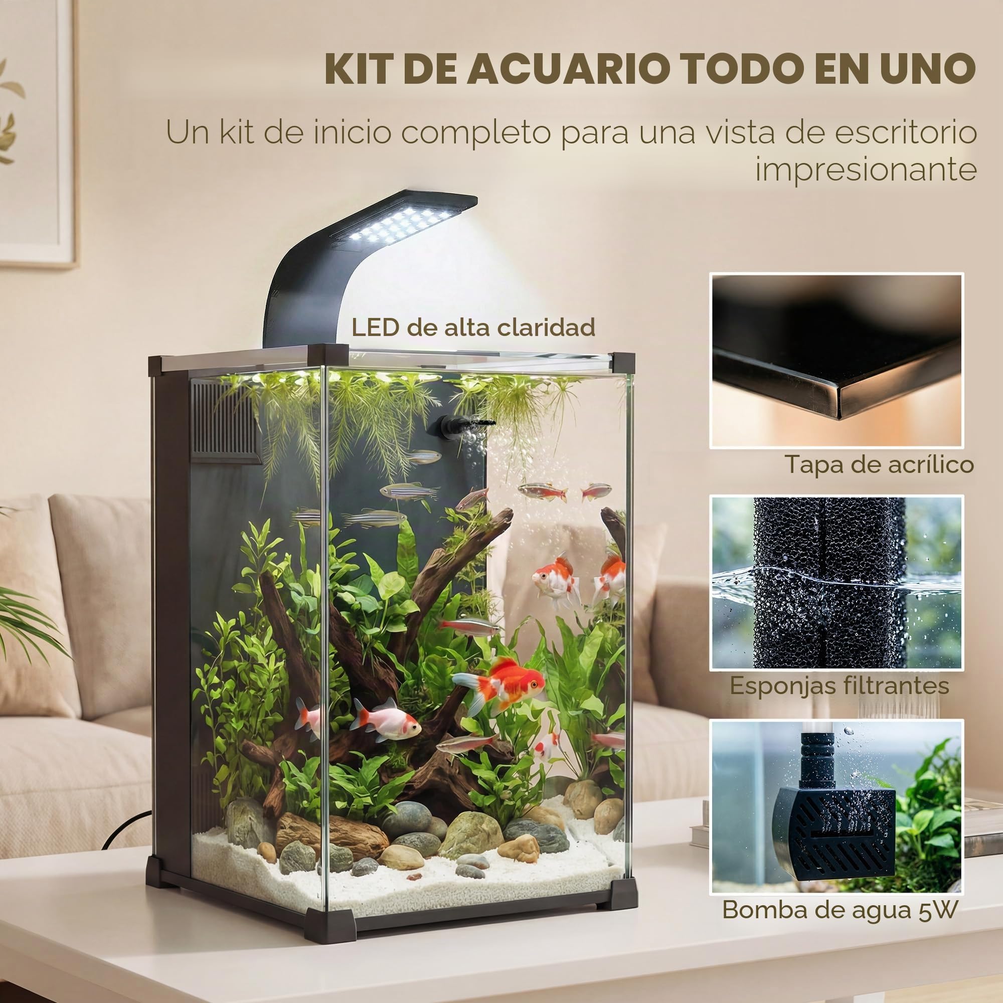 PawHut - Acuario de cristal templado completo de 36 L, nano acuario con filtro integrado, bomba de 5 W e iluminación LED, kit de acuario principiante para peces y plantas de 30 x 30 x 45 cm, color