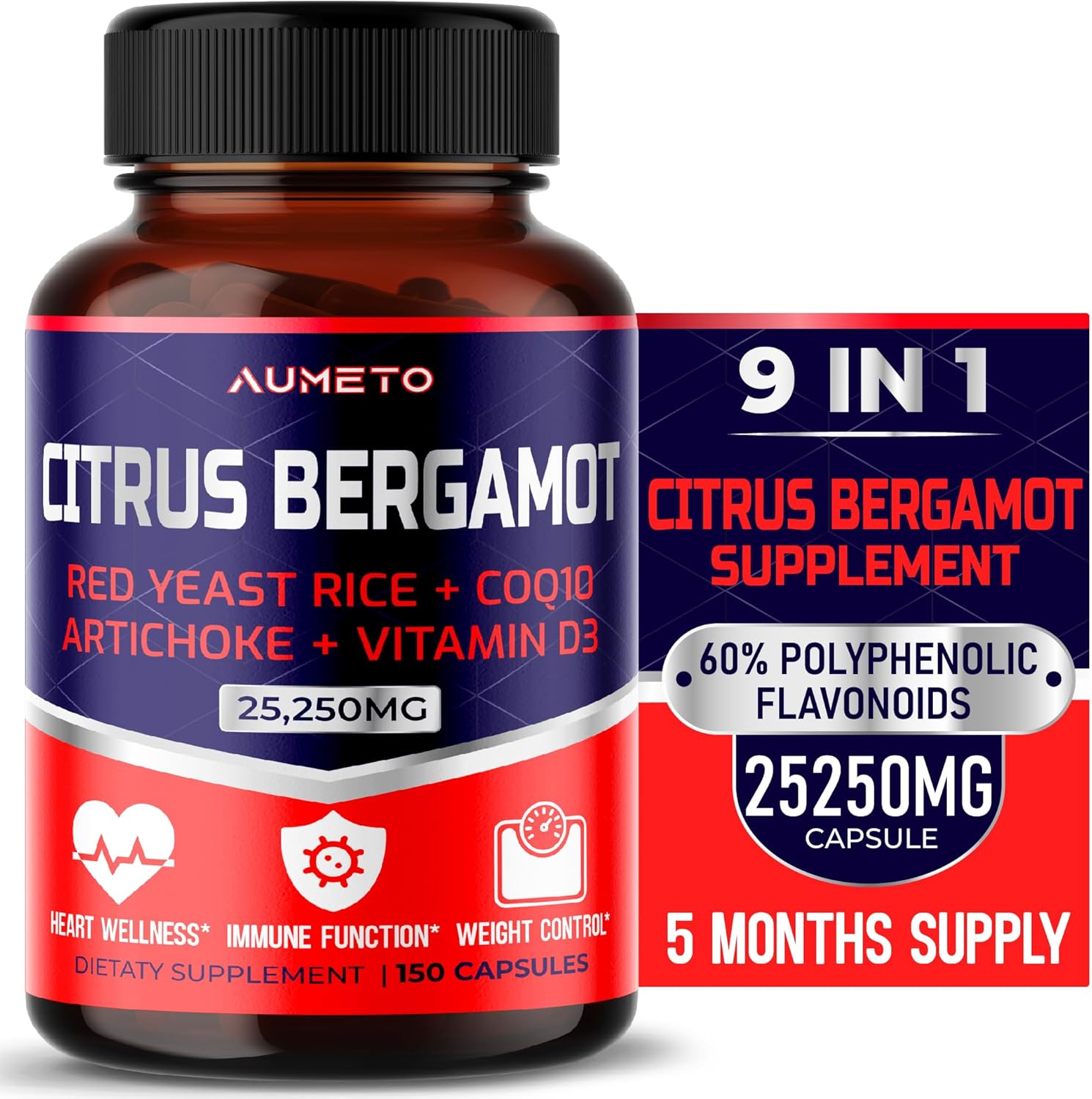 AUMETO Supper Citrus Bergamot 25,250mg with Red Yeast Rice, CoQ10, Artichoke