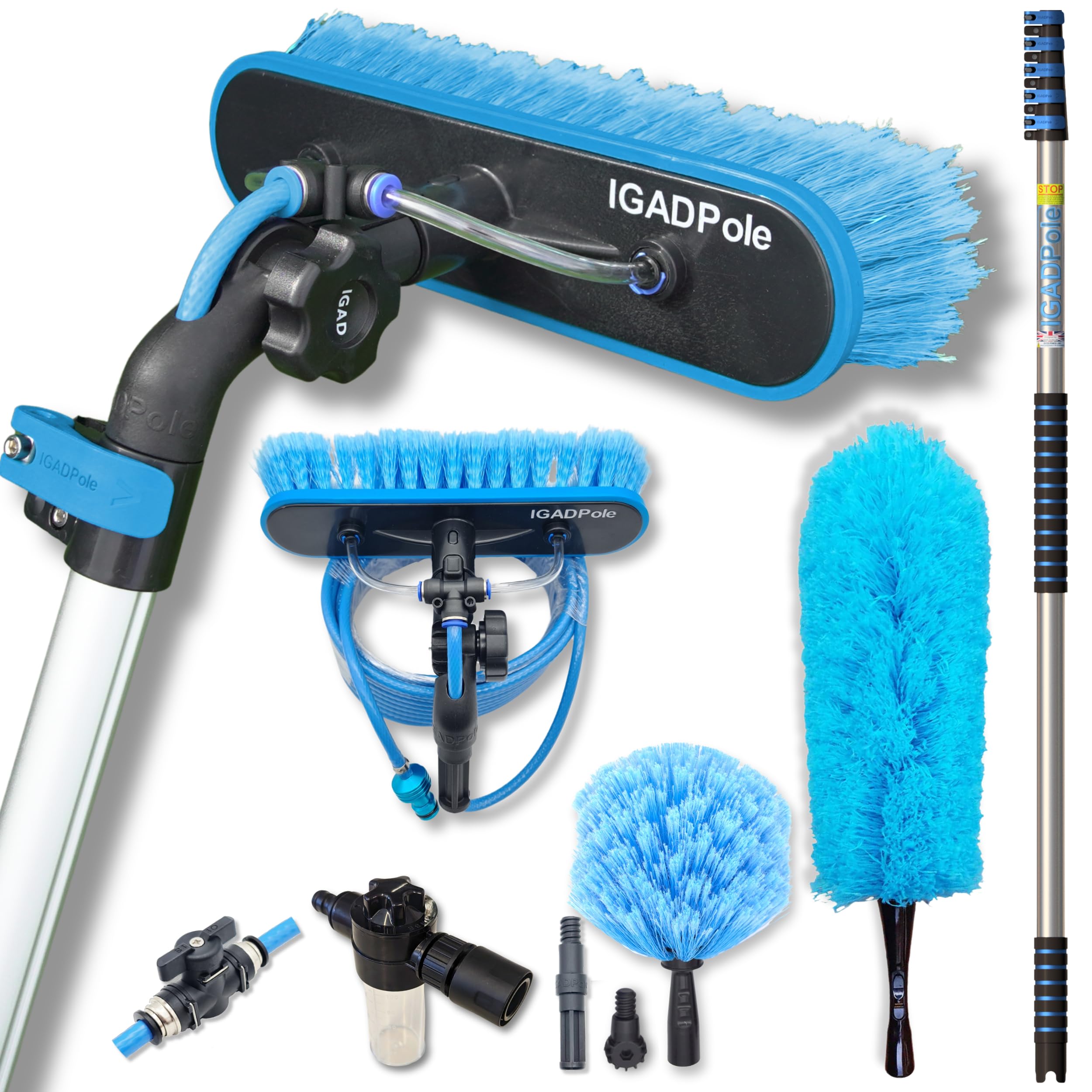 IGAD Pole 17ft(5m) Washing Kit: Water-fed Brush, Short Handle Brush and Garden hose tap; Window Cleaning Pole, Water Fed Telescopic Extendable Long Reach Cleaner Equipment, (IP153)