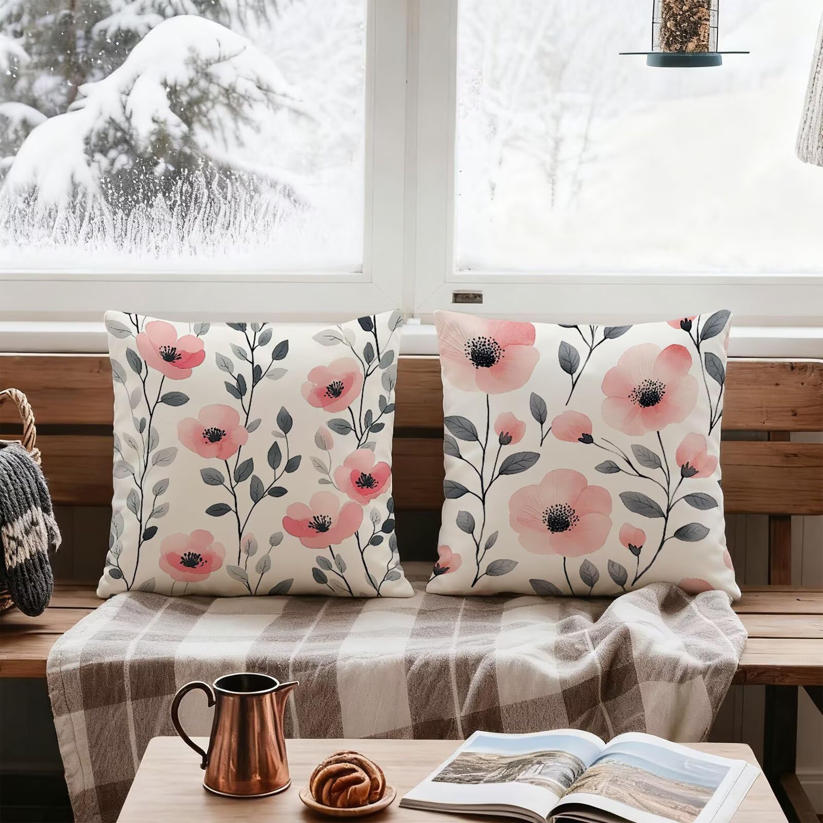 Rose Housse Coussin 60x60 Fleur Taie Oreiller 60x60 Lot de 4 Super Doux Protege Oreiller 60 x 60 Decoration Automne Taie D'oreiller Carrées Coussin Canape, pour Maison Chambre Canapé Chaise E - 147