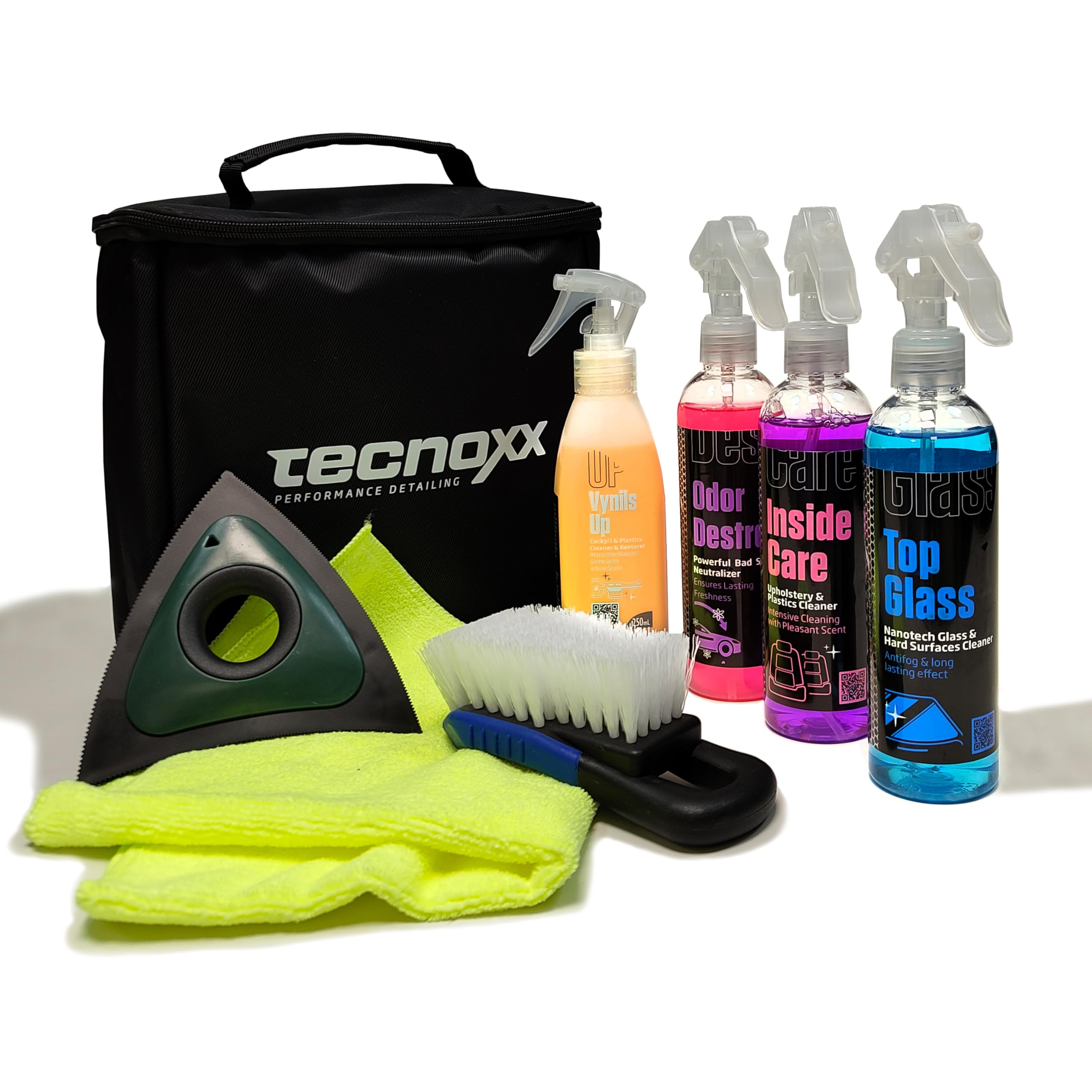Tecnoxx Pet Car Detailing Kit Limpieza de Coche para Mascotas - Bolsa con Productos para Tapicería, Plásticos, Cristales y Elimina Olores + Quitapelos, Cepillo y Bayeta - Ideal Dueños de Perros