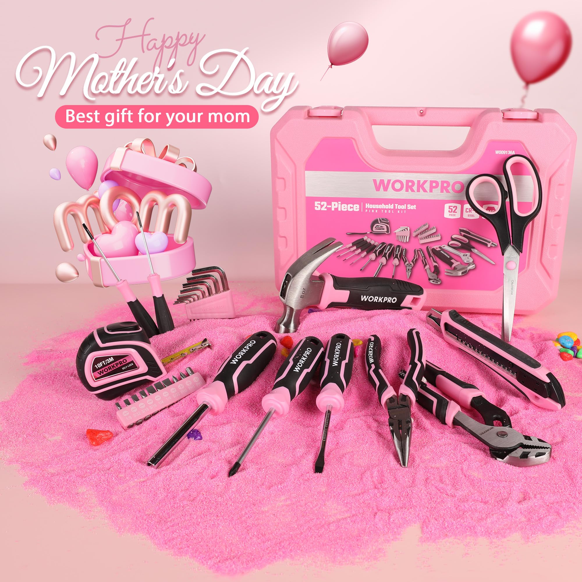 WORKPRO 52-Piece Pink Tools Set, Household Lady Tool Kit with