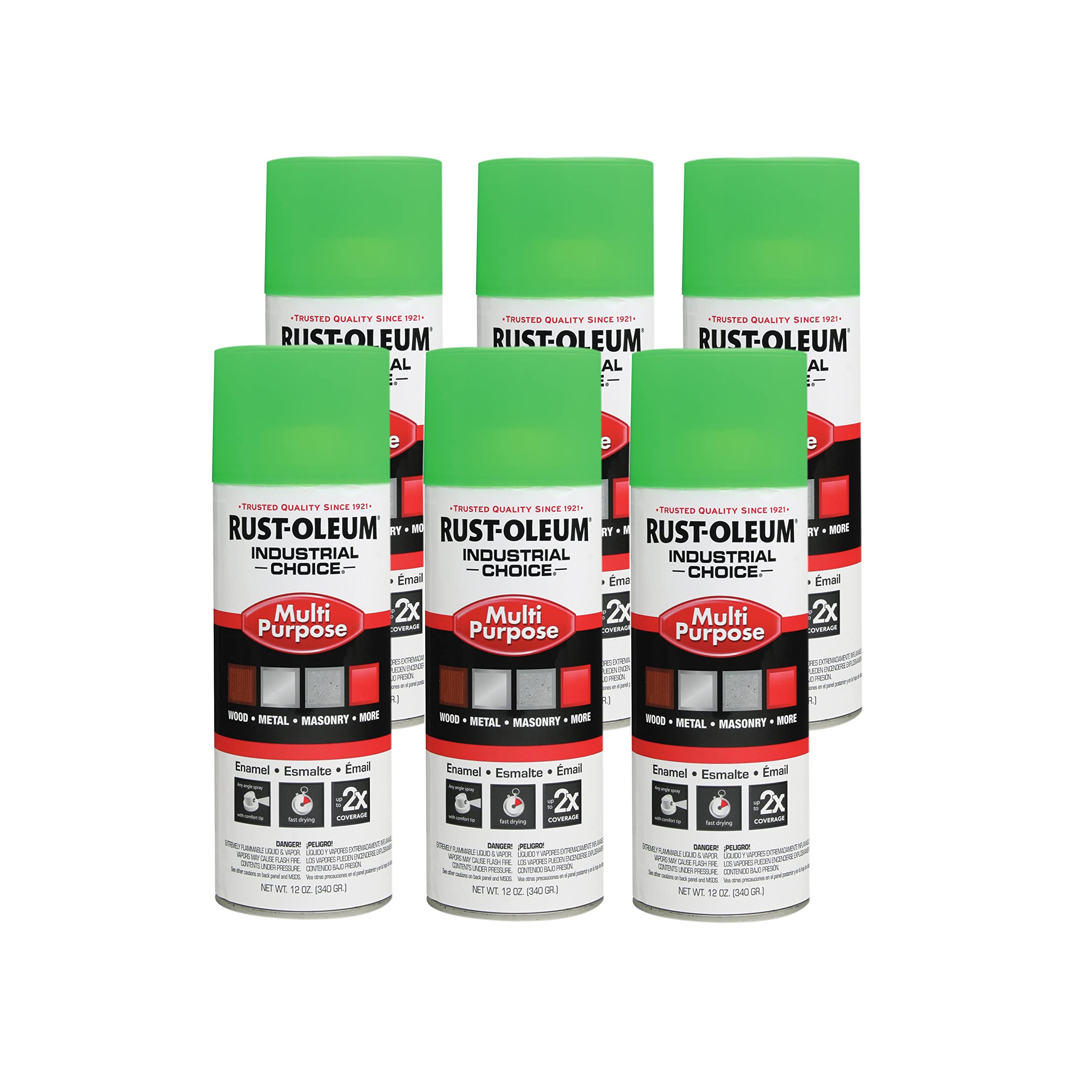 Rust-Oleum 1632830-6PK Industrial Choice 1600 System Multi-Purpose Spray Paint, 12 oz, Fluorescent Green, 6 Pack