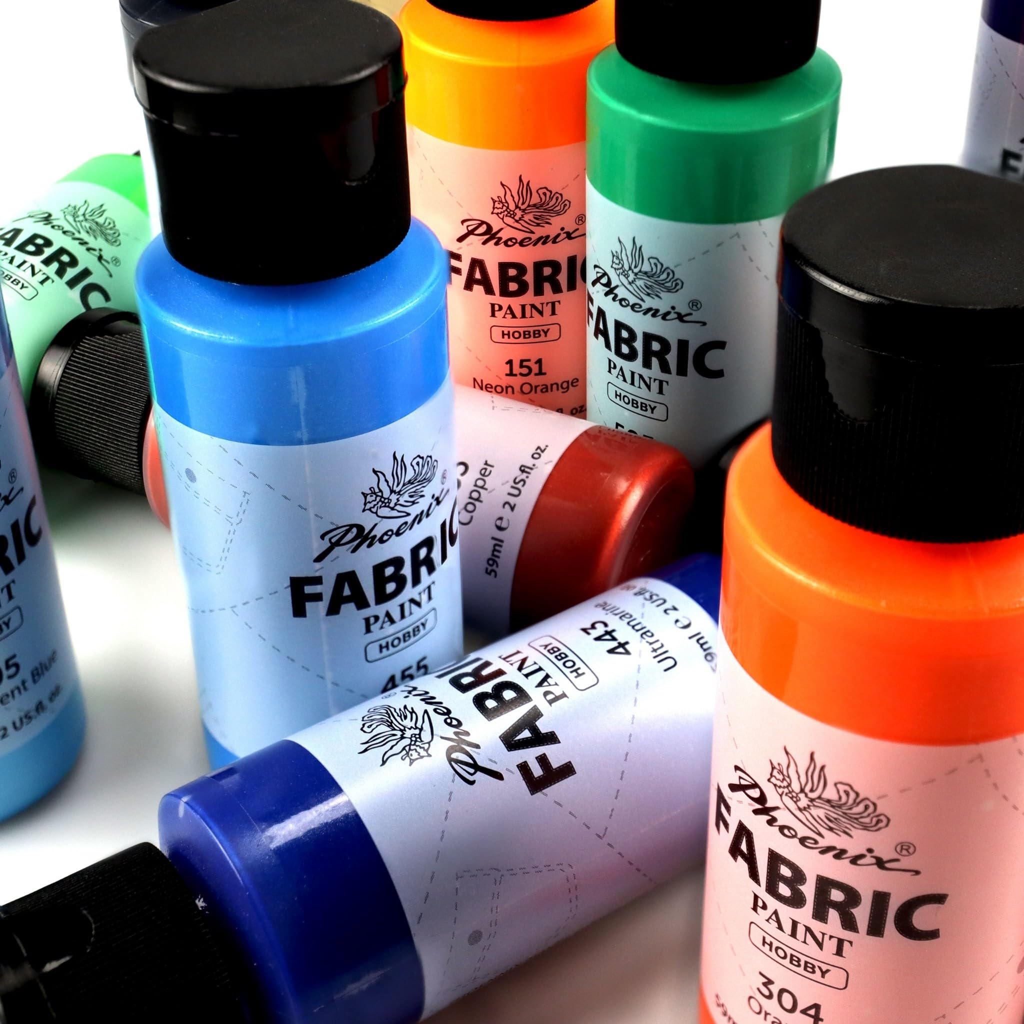 Phoenix Textilfarben Set 24x59 ml, Stofffarbe für helle & dunkle Stoffe (inkl. Neon, Metallic, Perlmutt), Waschfeste Farben für Kleidung, T-Shirts & DIY, Stoffmalfarben ohne Fixieren