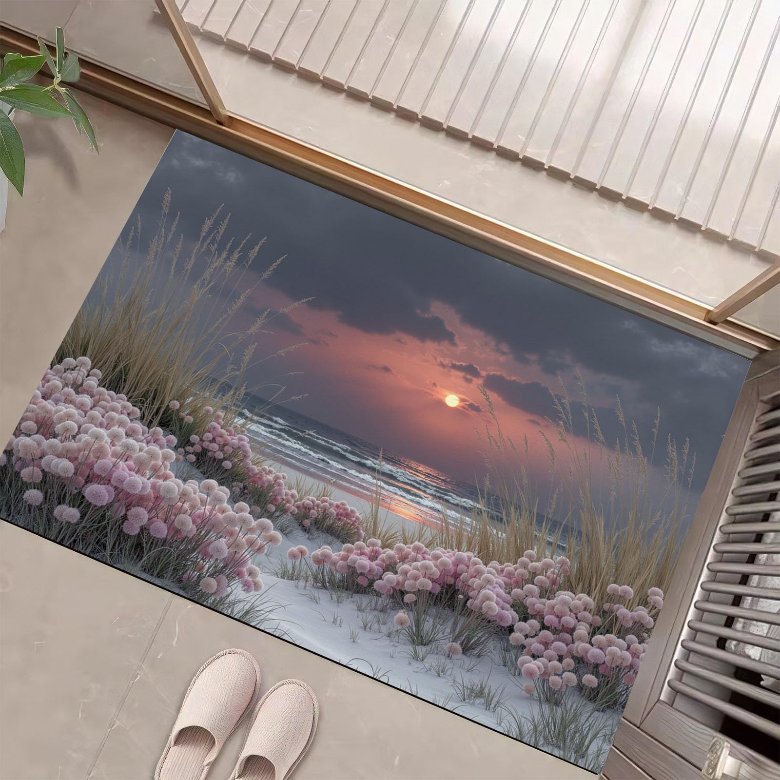 Tapis Sunset Beach 90X150Cm en Fausse Laine Rose Gris pour Salle De Bain Cuisine, Petit Paillasson D'Entrée D'Intérieur, Paysage Végétal, Tapis De Sol Antidérapant Lavable