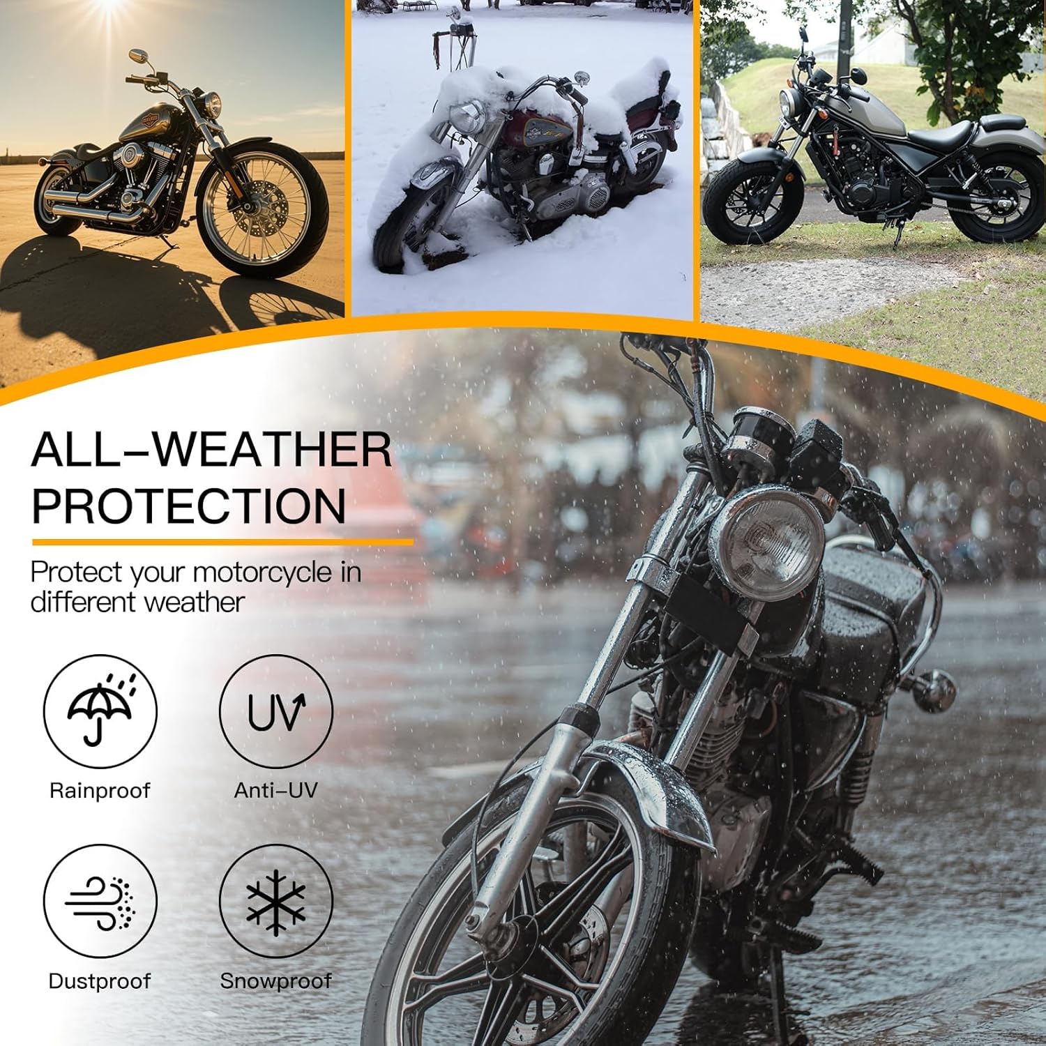 300D Heavy Duty Motorcycle Cover - All Season Waterproof Outdoor Protection with Lock-Holes, Night Reflective & Storage Bag Fits up to 116" Cruiser, Touring, Sportbike, Dirt Bike, Scooter